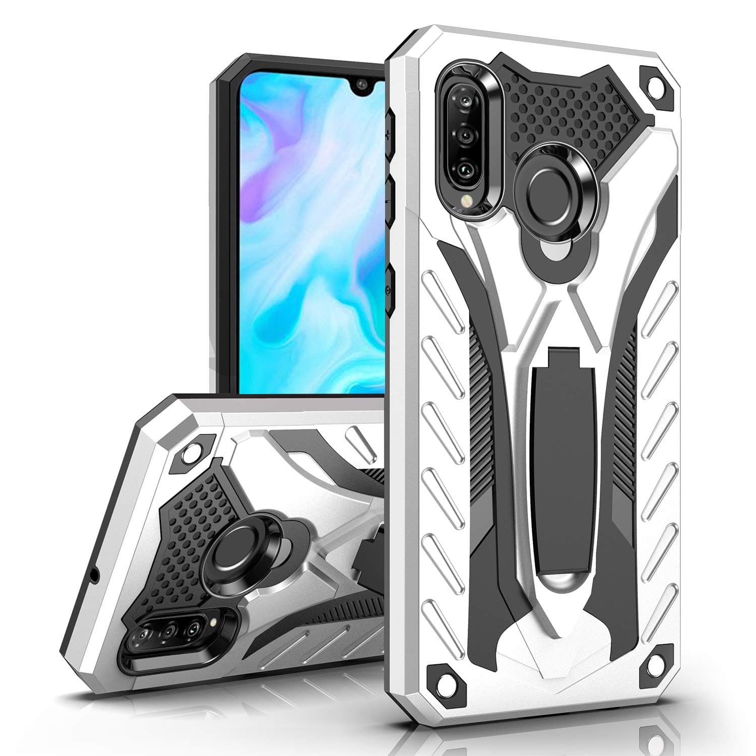 MILAN NICE Phone Case for Huawei P30 Lite Heavy Duty Litetective Hard Cover ShockLiteof Certified with Drop Tested with Smartphone Kickstand (Silver)