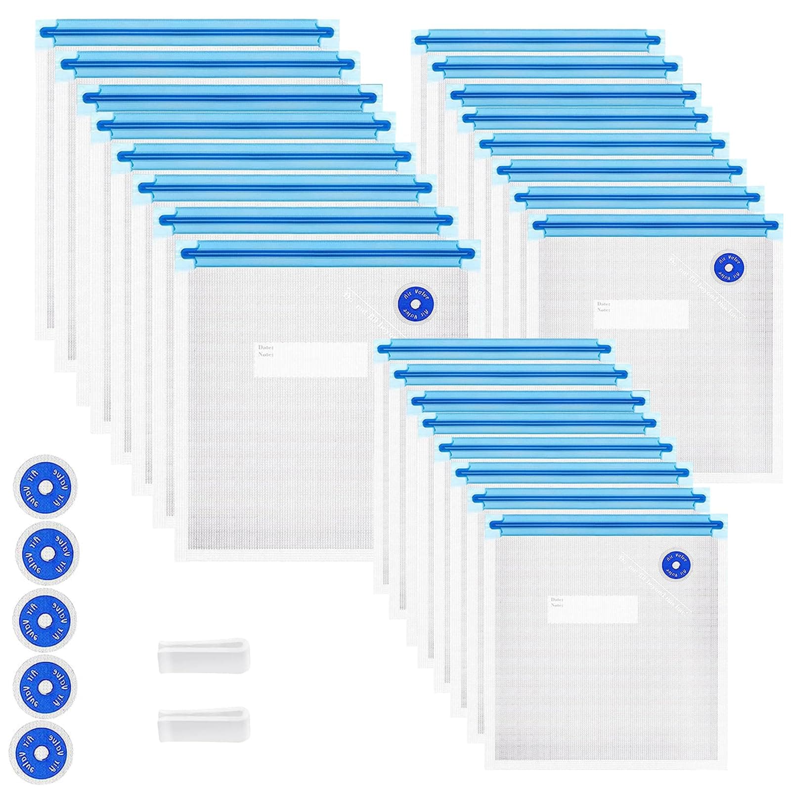 Sous Vide Bags 31 Pcs (24 Pcs Vacuum Zipper Bags & 2 Seal Clips & 5 Air Valves),Reusable BPA Free Vacuum Sealer Bags Vacuum Food Storage Bags for Cooking/Food Storage/Microwave Heating