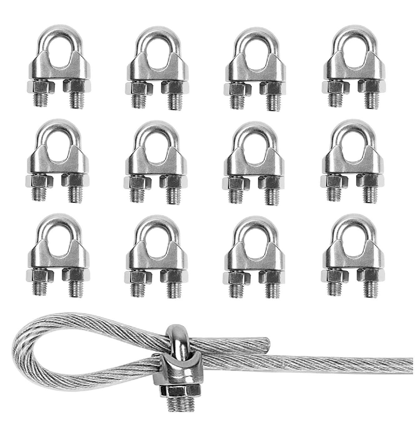 TERF® 12 Pcs Wire Rope Clip Clamps M3 for Ø 3mm (1/8") Rope Cable Grip Galvanized Steel U Bolt Saddle Fastener for Rigging and Tension Cable