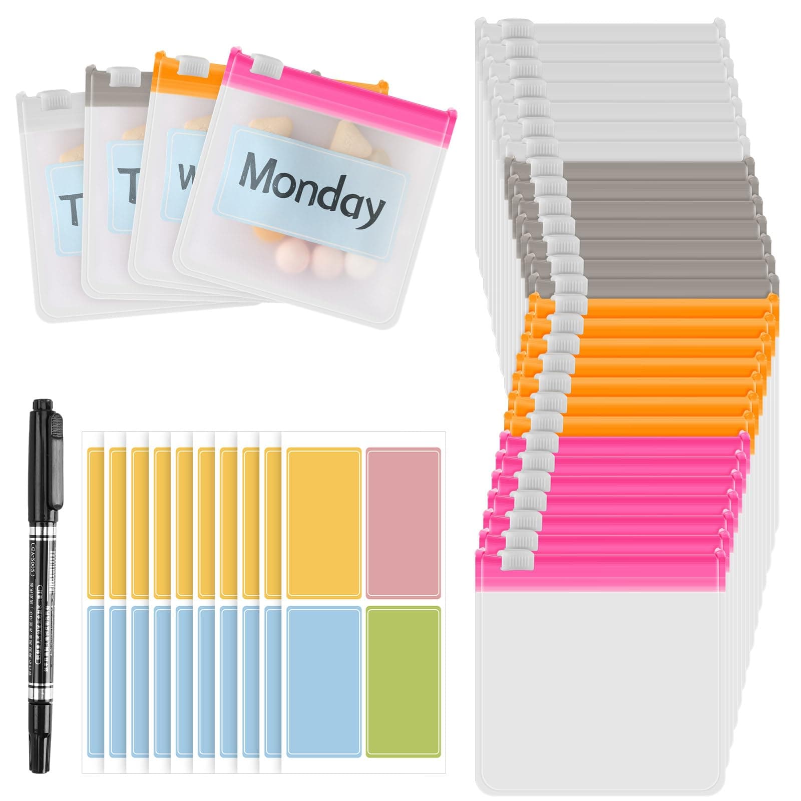 MARFOREVER 39 Pcs Pill Pouch Bags - Pill Pouches Small Medicine Bags Travel Pill Organizer Reusable Translucent Self Sealing 28 Pcs Plastic Pill with Slide Lock 10 Sheets Labels and 1 Pc Marker