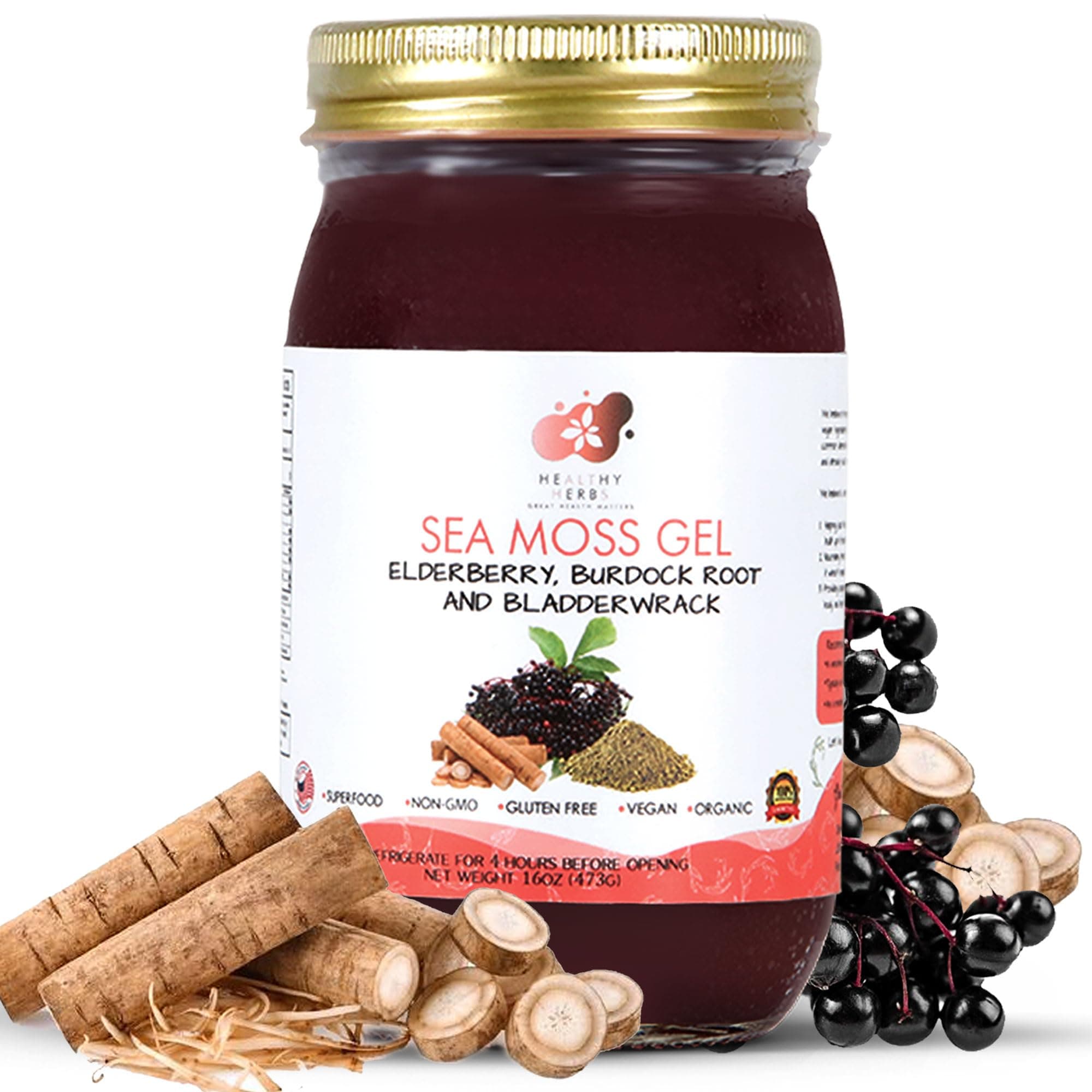 Healthy Herbs Sea Moss Gel (Elderberry) Wildcrafted from Jamaican St Lucia Gold Seamoss | Wild-Harvested Superfood with Over 90 Essential Vitamins & Minerals | Vegan, Non-GMO, US-Made (16 oz.)
