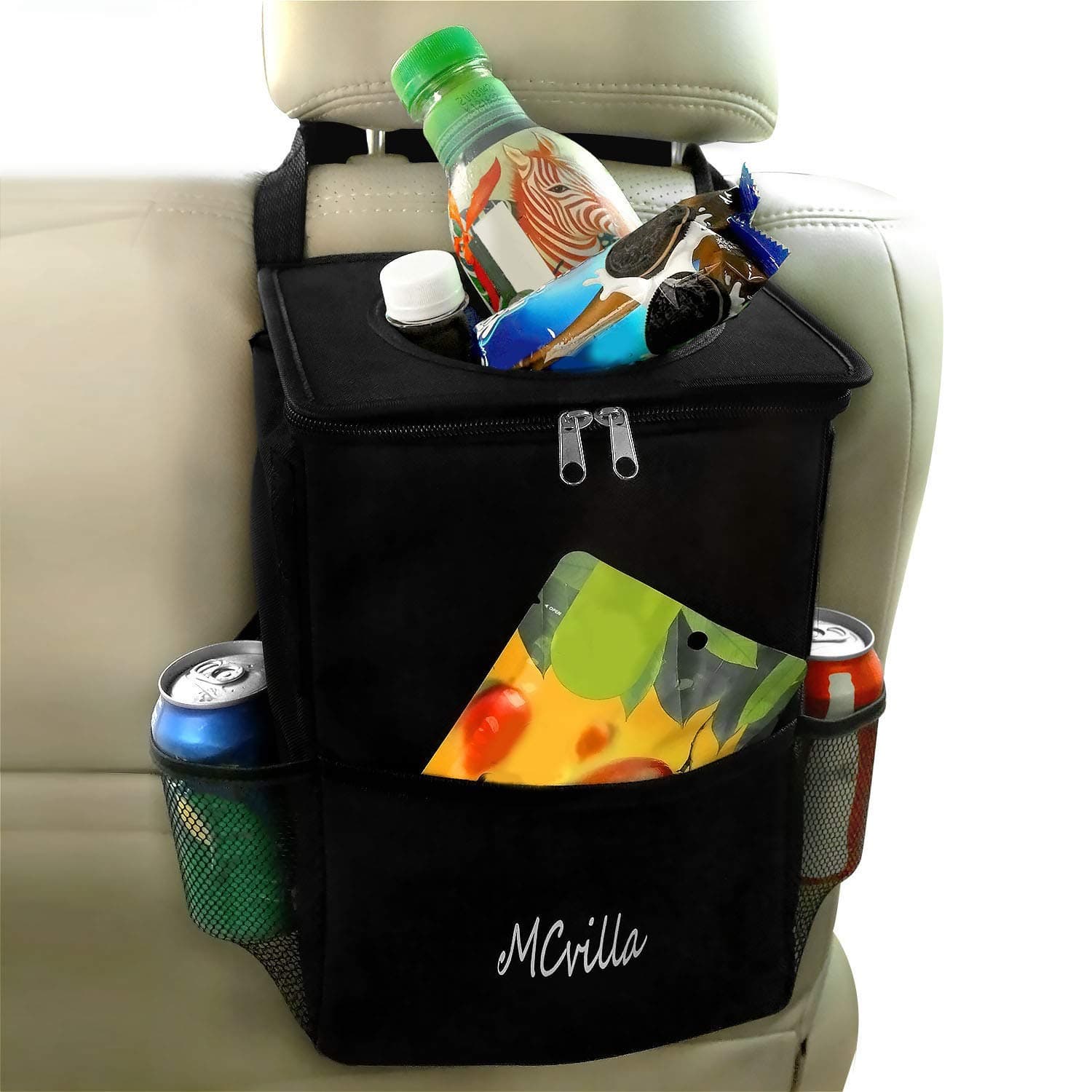 MCvilla Car Trash Can with Lids and Storage Pockets Inner Waterproof Auto Garbage Can Adjustable Strap Great Container and Portable Travel Bags Black 1.9 Gallon