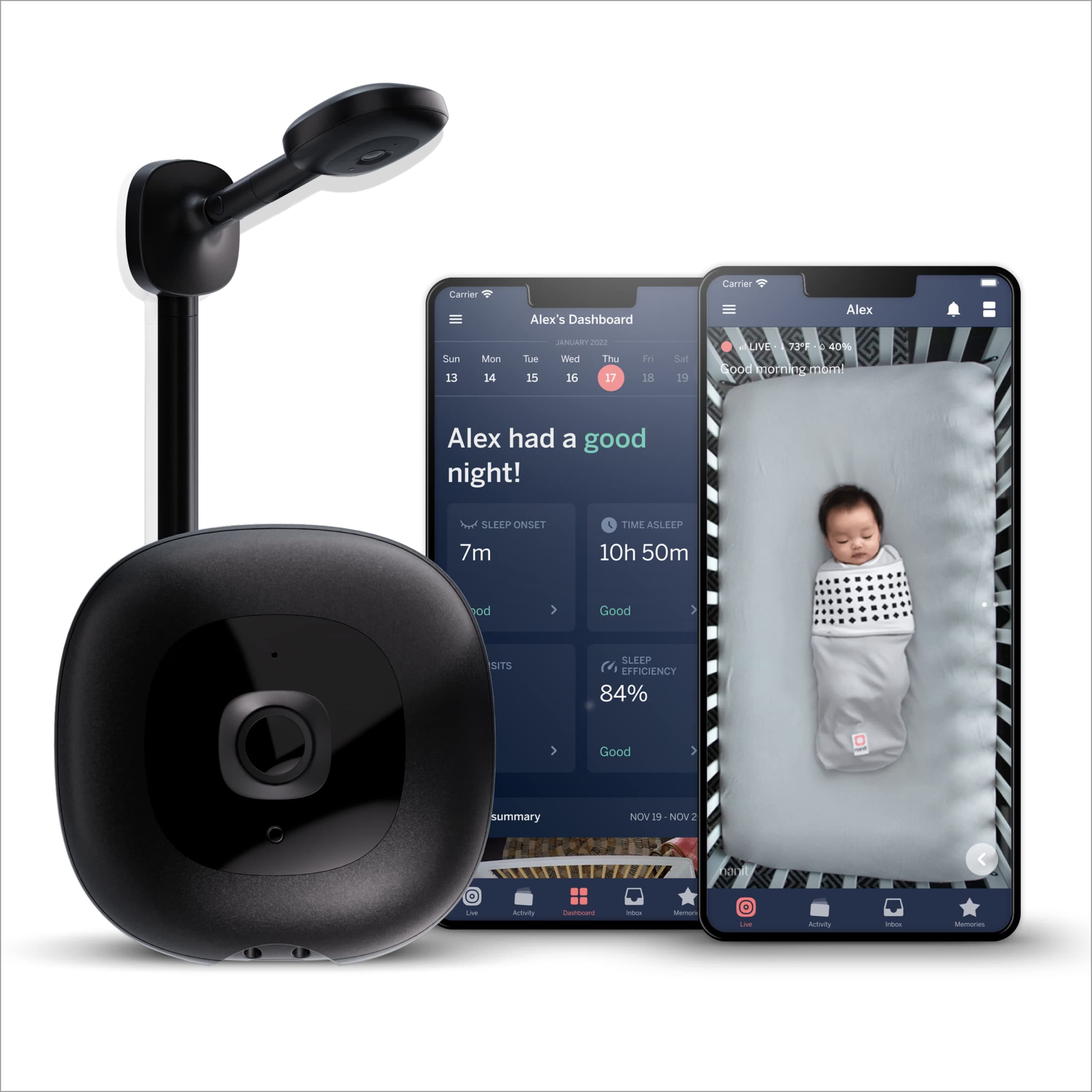 Pro Smart Baby Monitor & Wall Mount - 1080p Secure Wi-Fi Video Camera, Sensor-Free Sleep & Breathing Motion Tracker, 2-Way Audio, Sound & Motion Alerts, Night Vision, and Breathing Band - Black