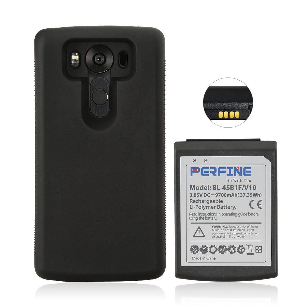 Perfine BL-45B1F 9700mAh for LG V10 Extended Battery with Full Edge Protection TPU Case Black
