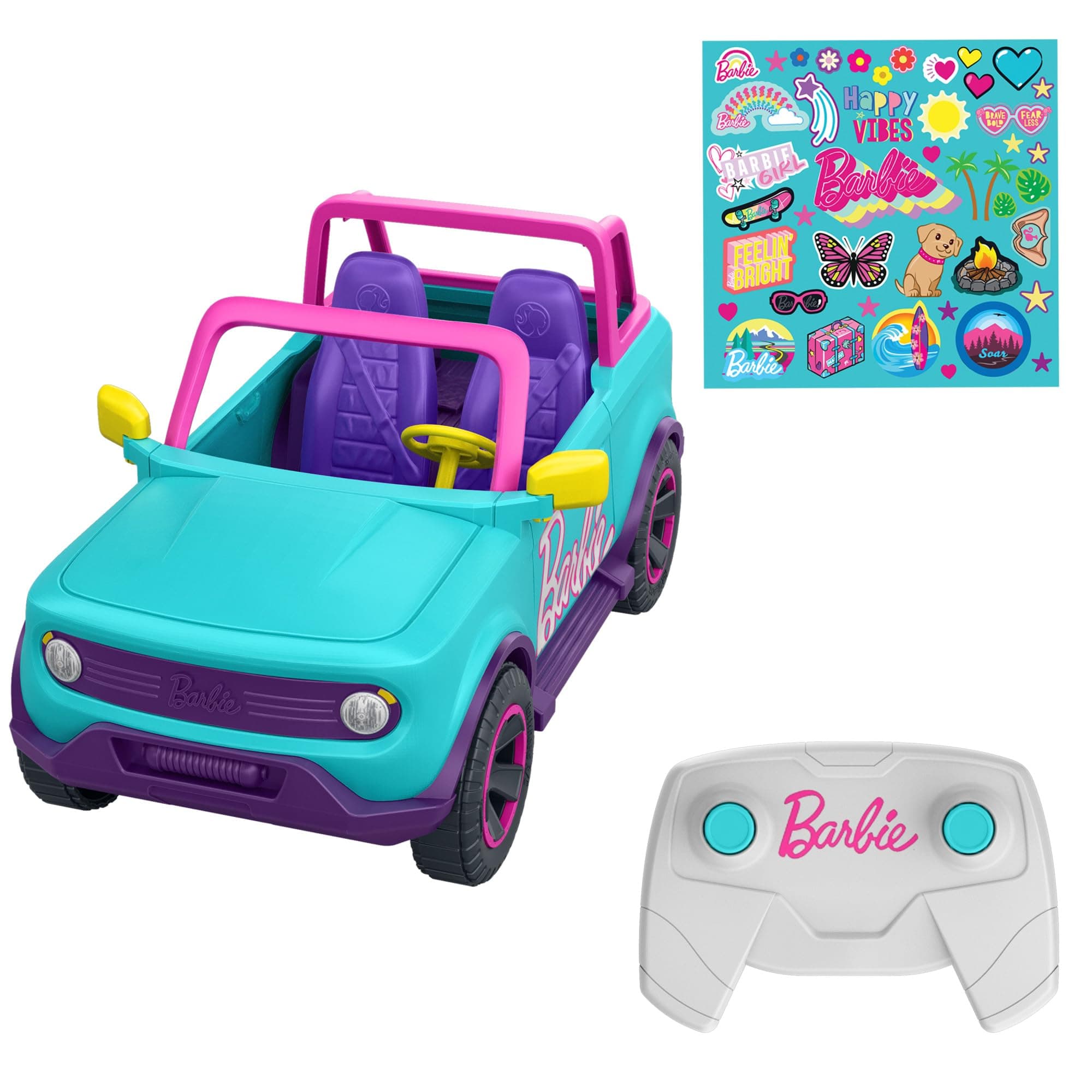Barbie Remote Control Car, SUV & Stickers, Can Hold & Store 2 Barbie Dolls & Accessories, Kid-Applied Stickers for Customization, HTP53