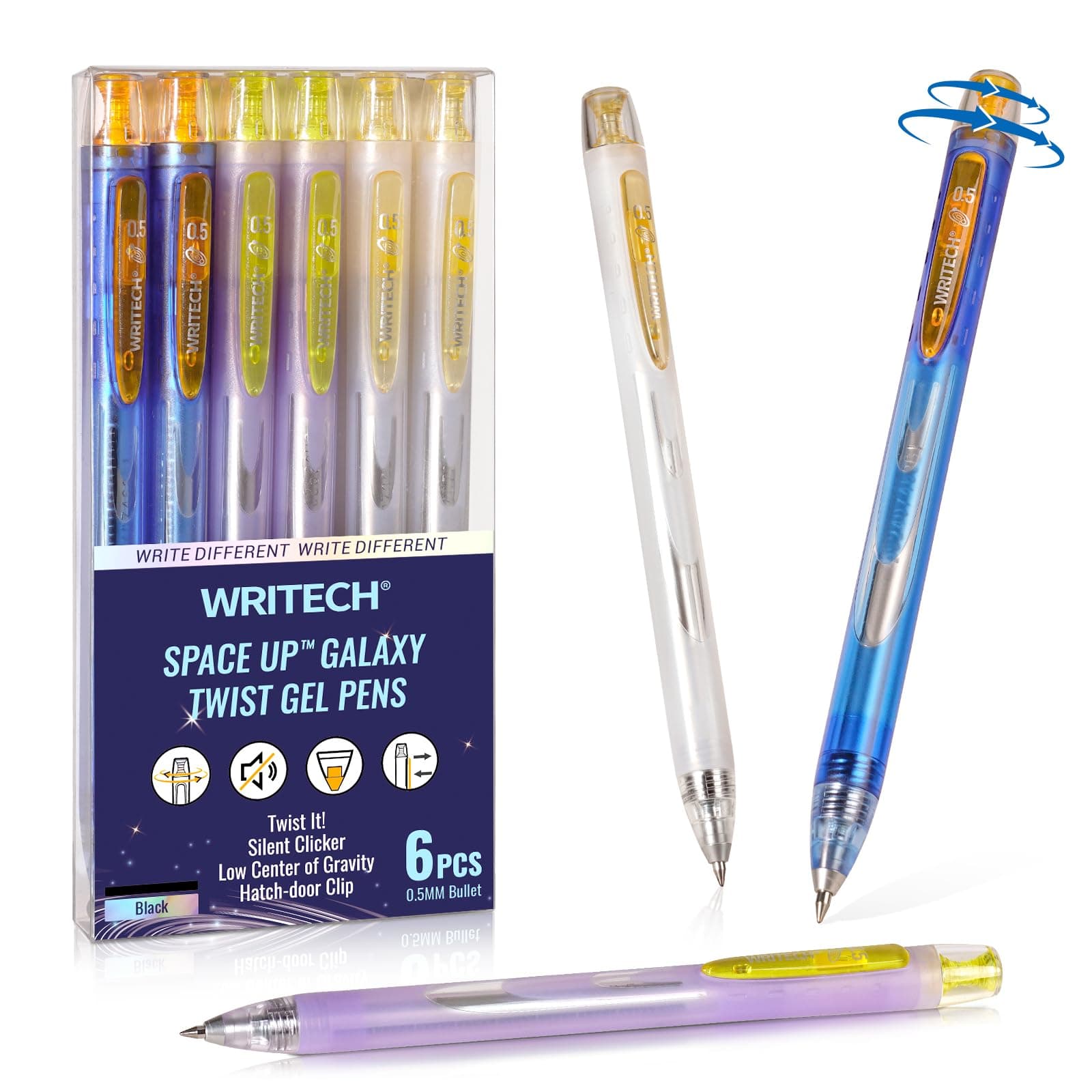 Twist Gel Ink Pens: Fine Point 0.5mm Black ink 6ct Low Center of Gravity Rotatable Pen No Smear Silent Click Space Up Gel Galaxy