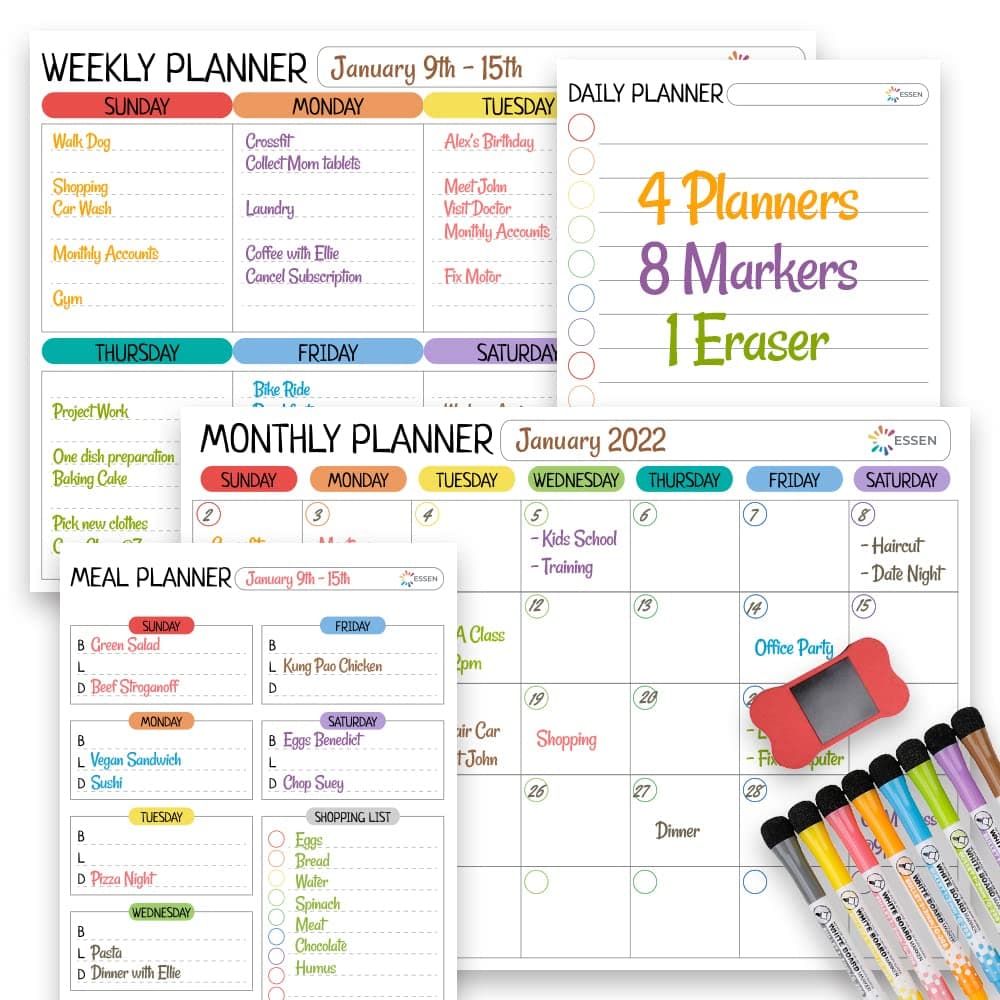 ESSEN Magnetic Whiteboard Planners Monthly Weekly Daily Meal Family Planner, Set of 4