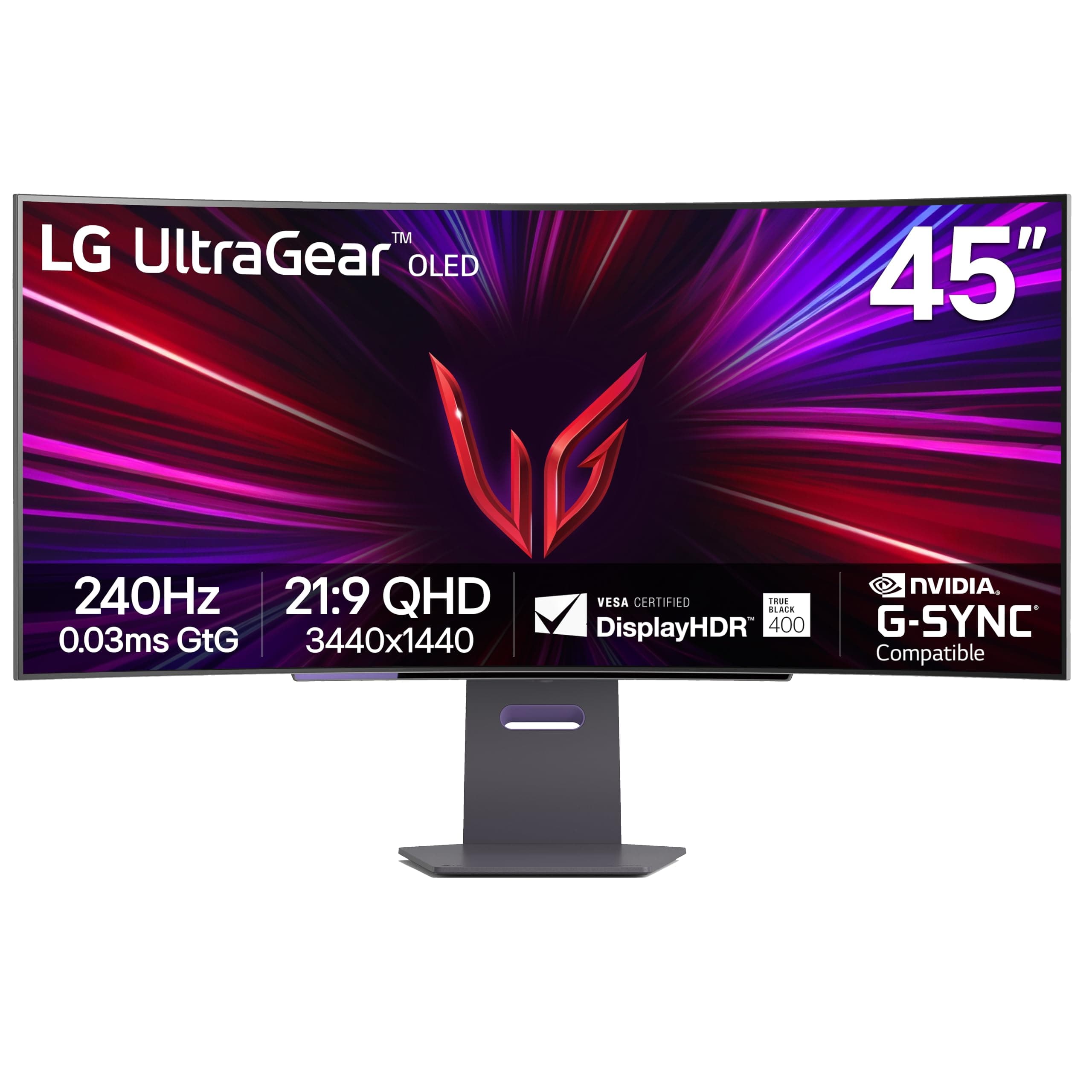 45GS95QE 45-inch Ultragear OLED Curved Gaming Monitor WQHD 800R 240Hz 0.03ms DisplayHDR True Black 400 AMD FreeSync Premium Pro NVIDIA G-Sync HDMI 2.1 DisplayPort Tilt/Height/Swivel Stand Black