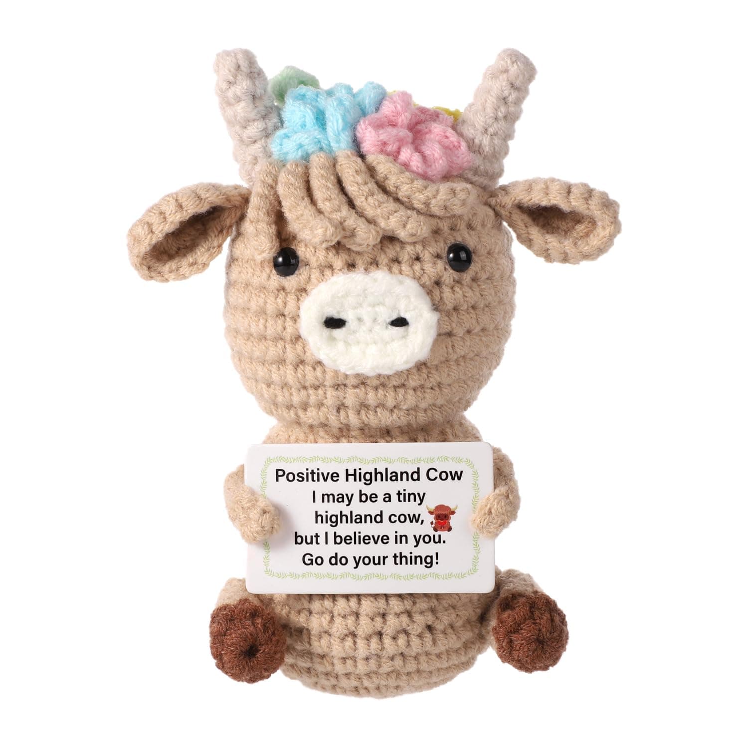 TOYMIS Knitted Highland Cow, Funny Cute Positive Cow Crochet Inspirational Knitted Doll with Positive Card Uplifting Knitting Toy Gift for Friends Family Party Decoration