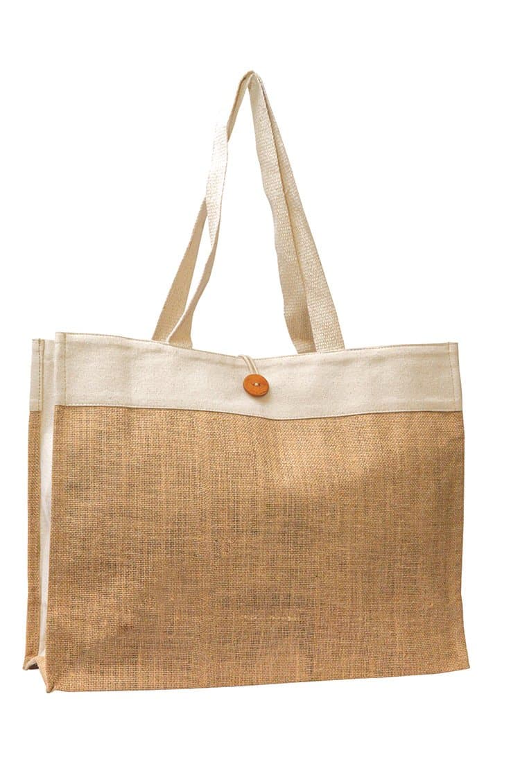 Large Jute and Cotton bag with Button closure and Long Cotton Webbed handles Color Natural Size 18"W x14"H x 6"Gusset - CarryGreen Bag