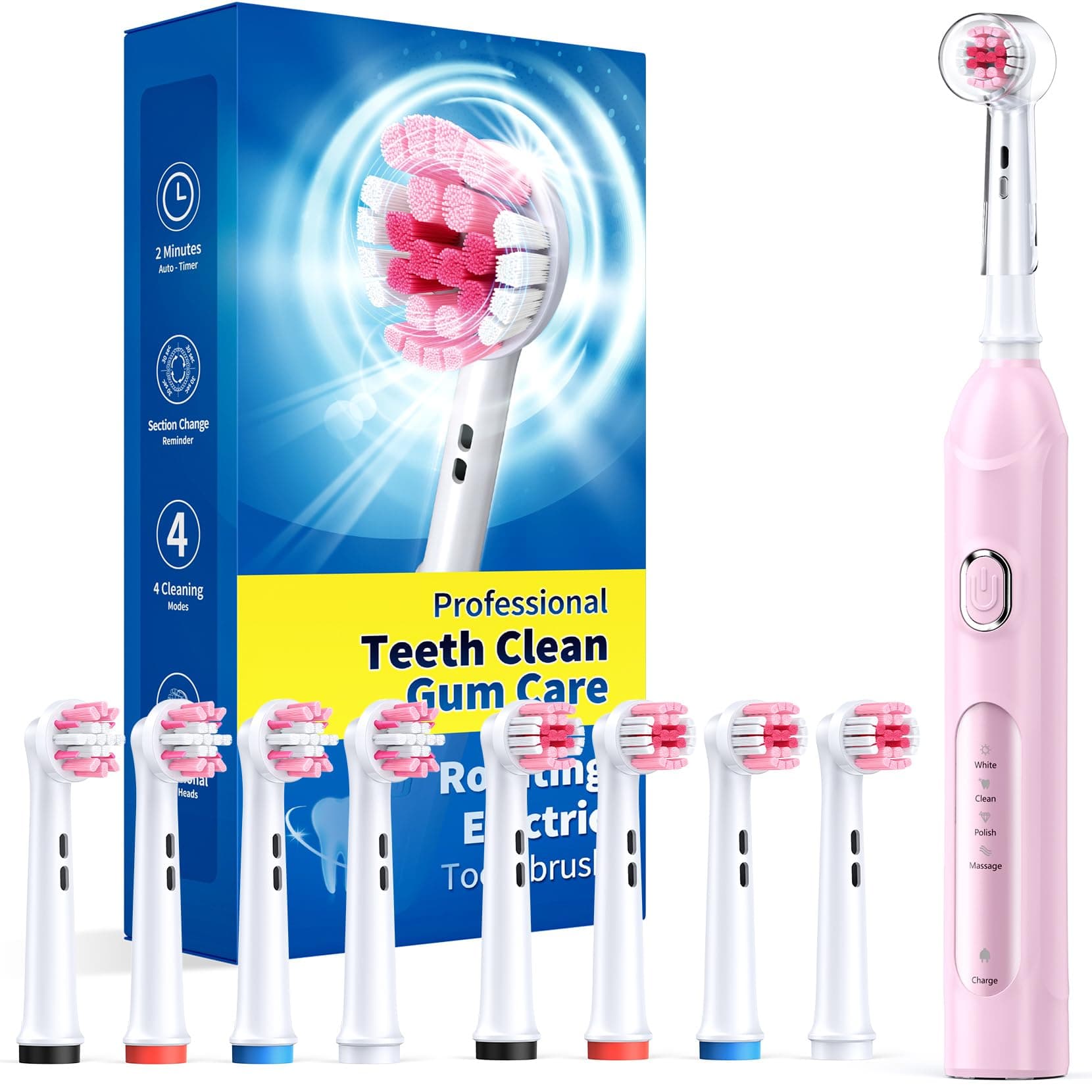 TEETHEORY Rotating Electric Toothbrush for Adults with 8 Brush Heads (2 Types), 4 Modes Deep Clean Electric Toothbrush with Rechargeable Power and 2 Min Smart Timer (2- Cherryblompink, p1)