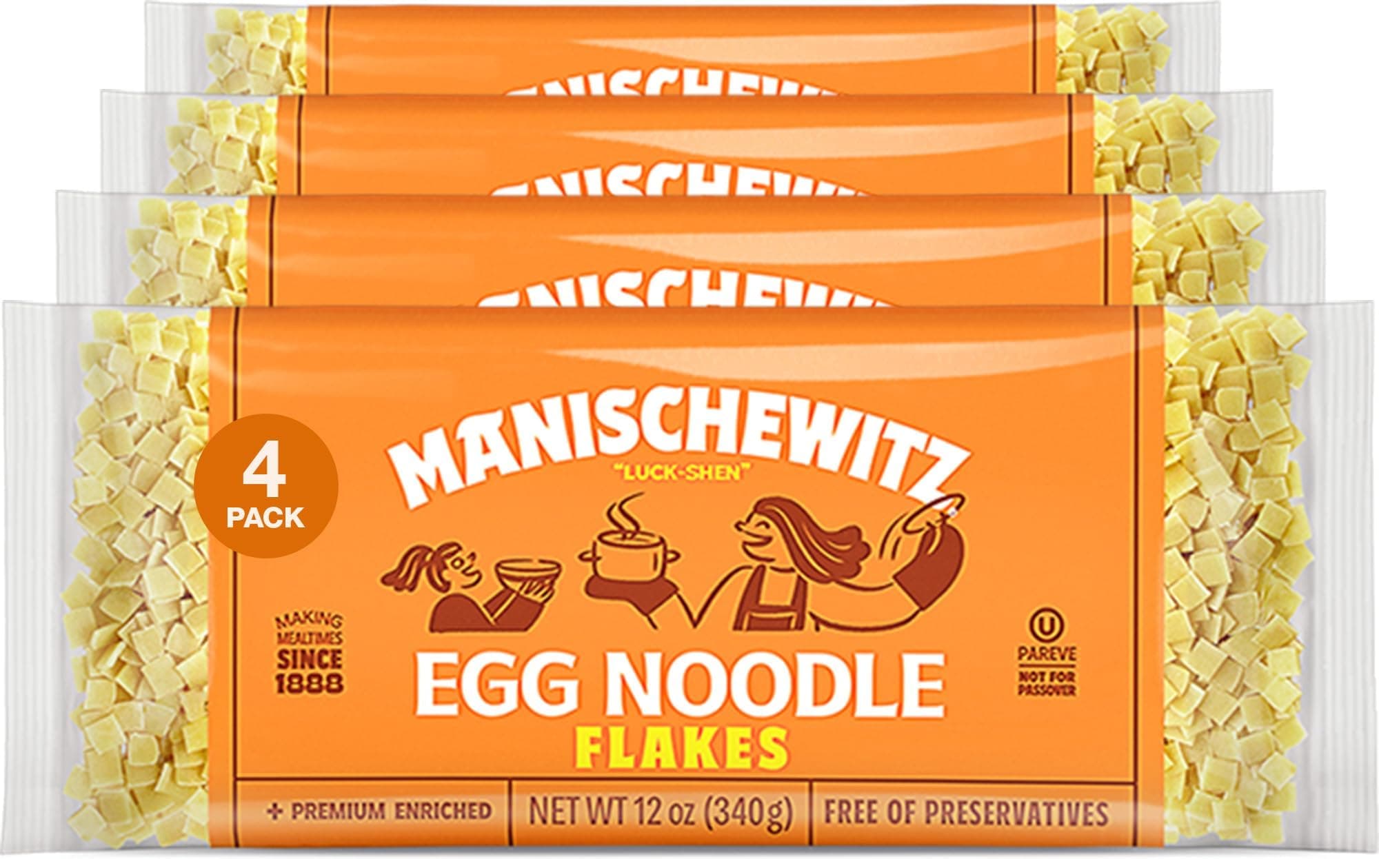Manischewitz Egg Noodle Flakes, Premium Enriched Egg Noodles, 340g (Pack of 4) Square Shaped Farfel