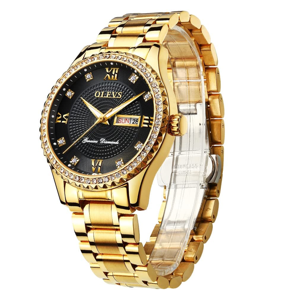 Men's Business Watch Gold Blue with Large Easy-Read Analog Quartz Date Display Luxury Stainless Steel Band Waterproof Luminous Hands