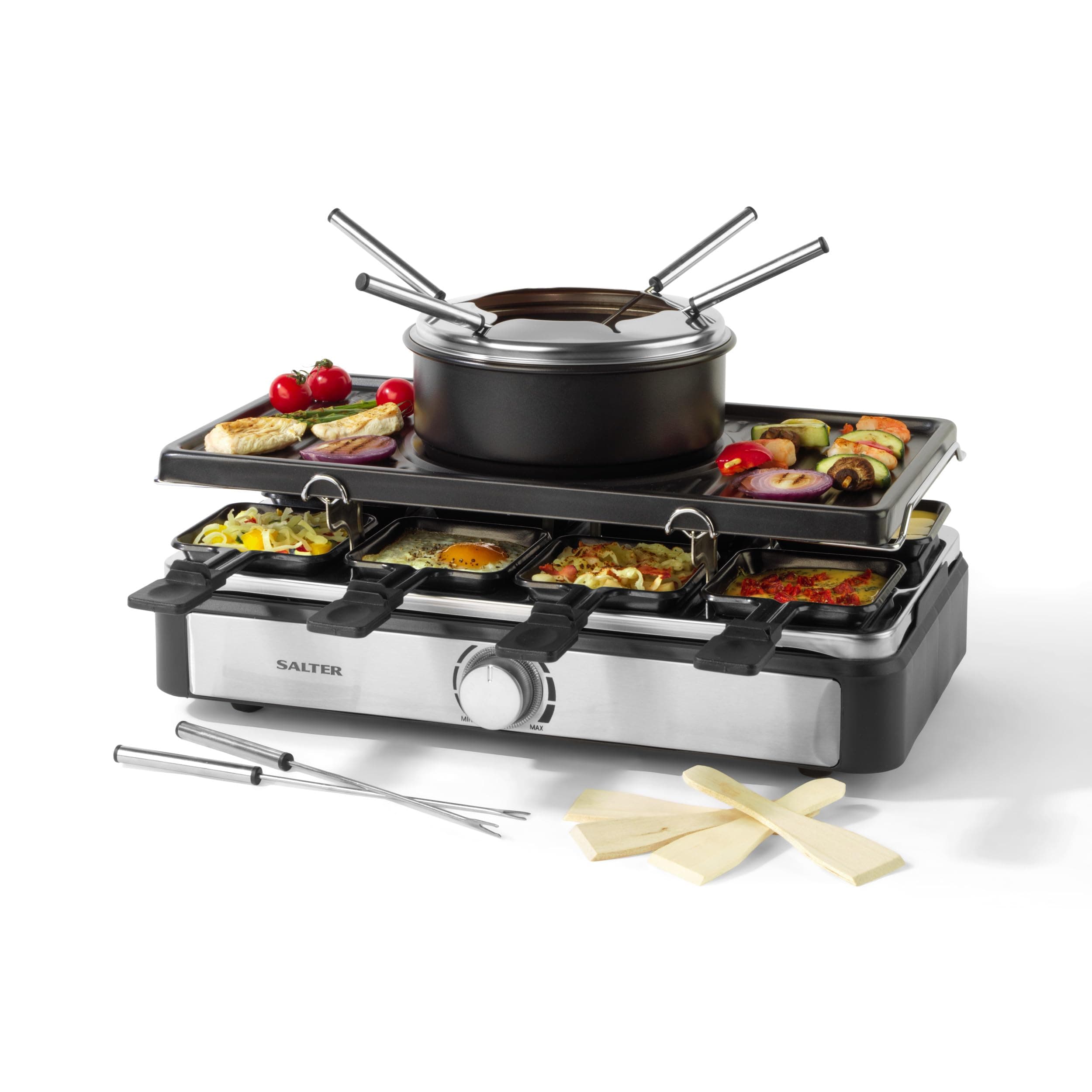 Salter EK4513 Electric Raclette Grill & Fondue - 2 In 1 Indoor Grill, 1.3L Chocolate Melting Pot, 6 Forks, Cheese Fondue Set, Adjustable Temperature Control, 8 Non-Stick Pans & Wooden Spatulas, 1400W