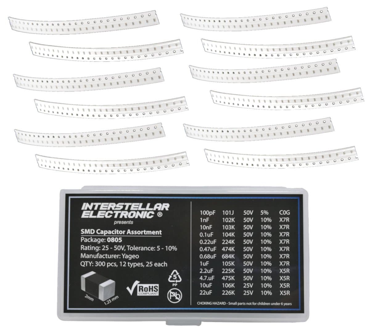 0805 SMD Capacitor Assortment X7R X5R, 100pf, 1nF, 10nF, 01uF, 0.22uF, 0.47uF, 0.68uF, 1uF, 2.2uF, 4.7uF, 10uF, 22uF, 25V - 50V, 300 pcs