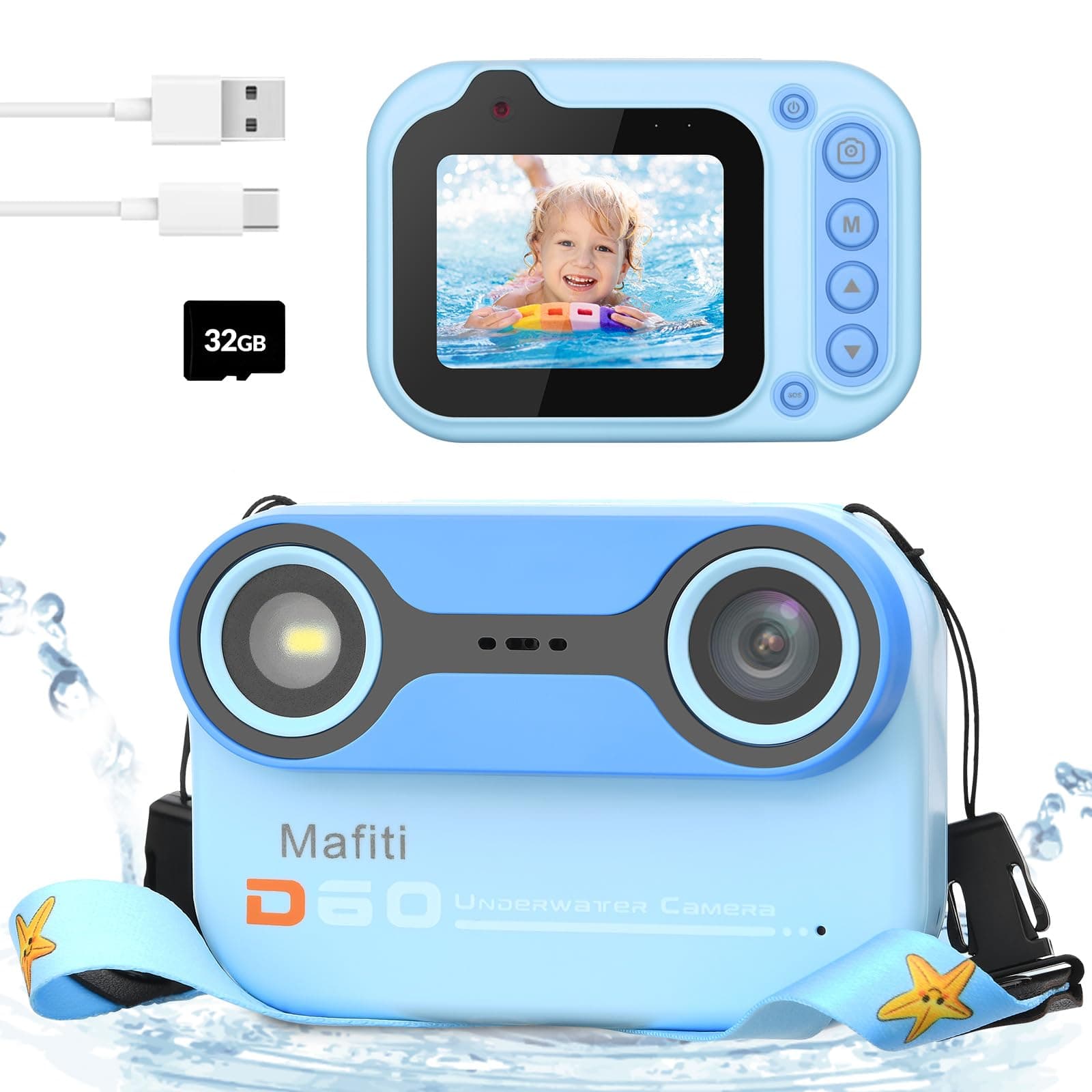 mafiti Kids Waterproof Camera Underwater Camera 10FT with 32GB Card Gifts for Boys Floatable Pool Toys for Kids Age 4-12 26MP Photos 1080P HD Videos Children Selfie Digital Camera Blue