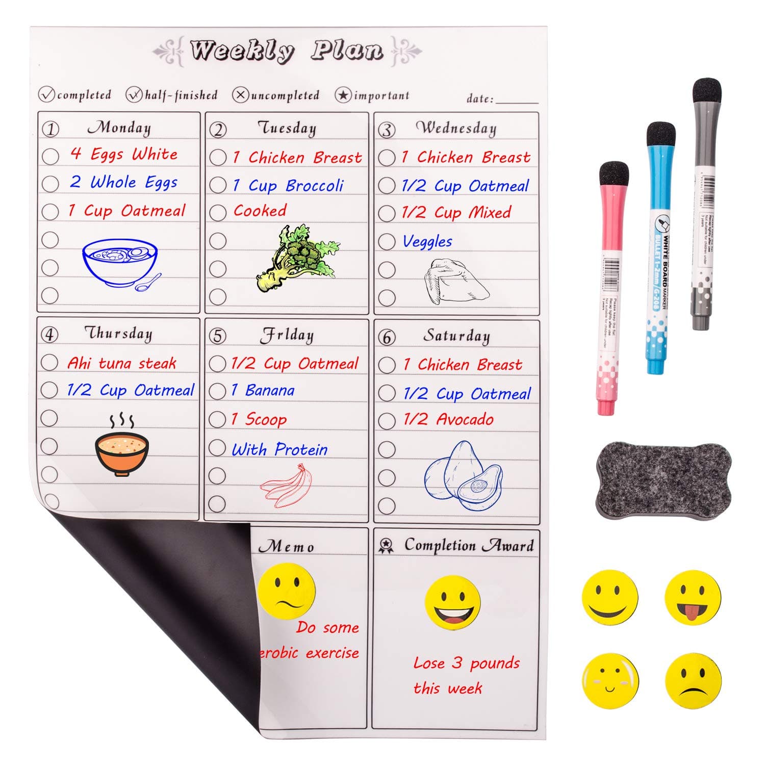 Prefer Green Magnetic Dry Eraser Board, 17" x 12" Kitchen Refrigerator Calendar Whiteboard with Stain Resistant Technology, Organizer & Weekly Planner, Include 1 Eraser, 3 Markers & 6 Magnets