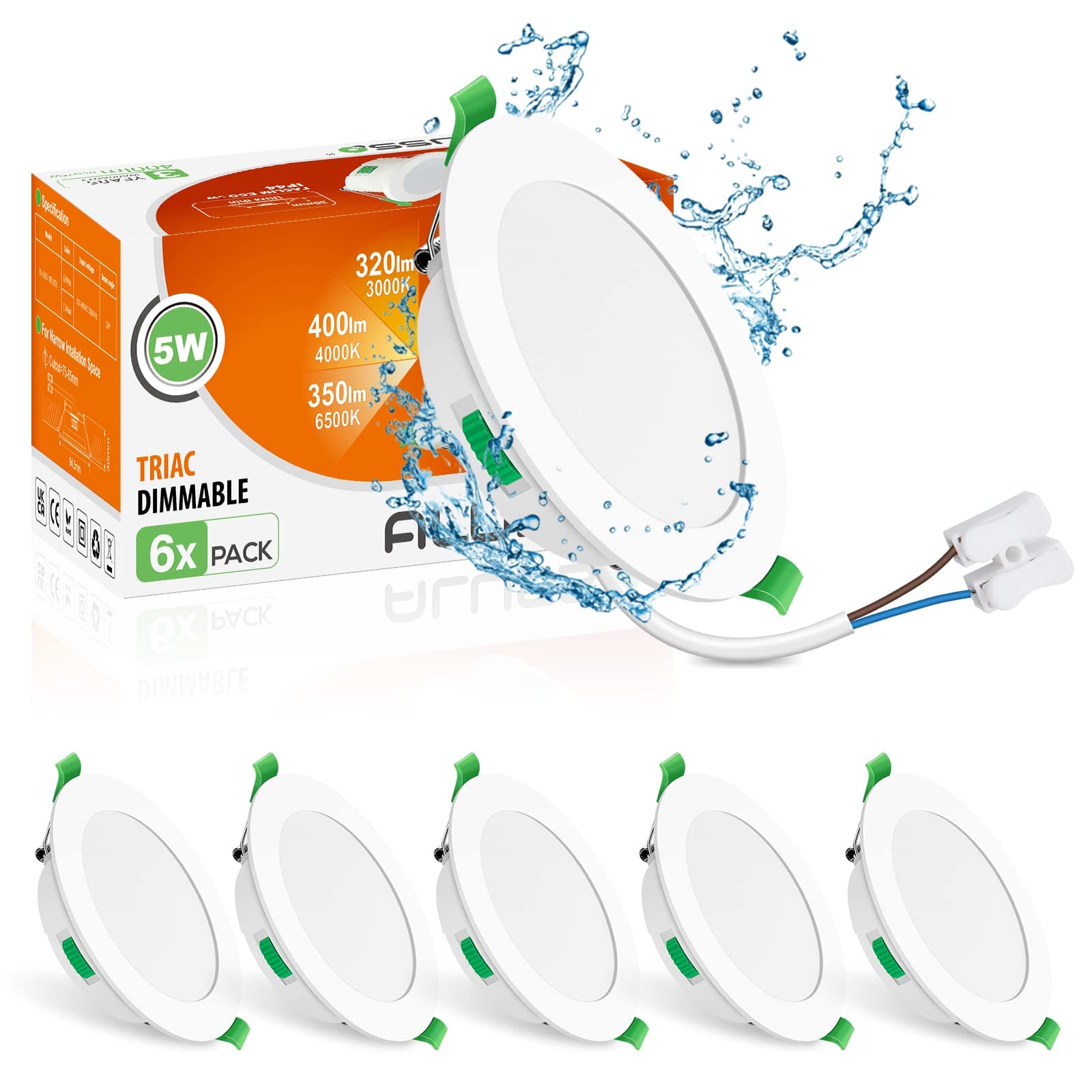 LED Recessed Ceiling Lights Dimmable, 5W IP65 LED Bathroom Spotlights, Warm White 3000K-Neutral White 4000K-Cool White 6500K Adjustable, Cut Φ75-85MM, 30MM Ultra-Slim Round Downlights, 6 Pack