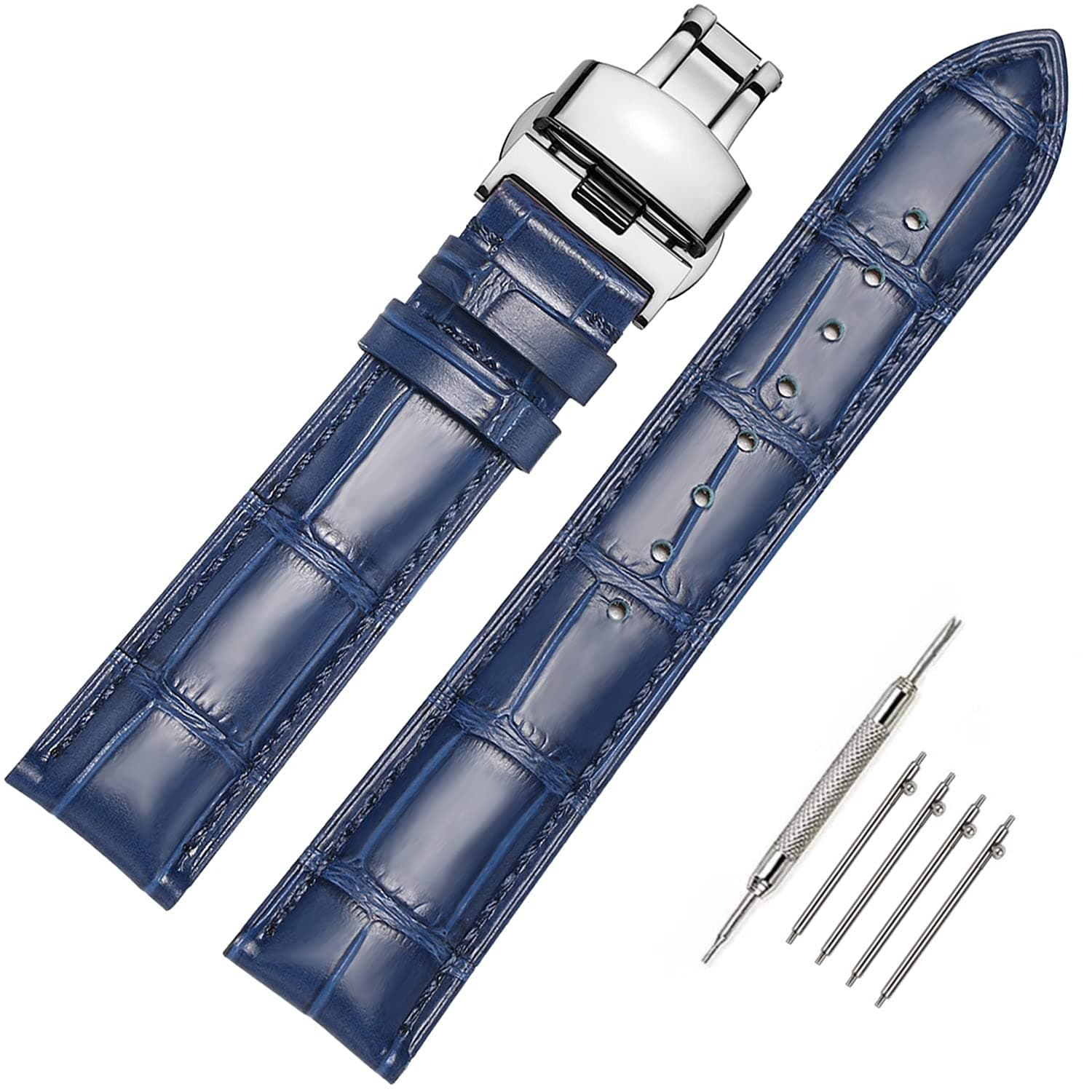 MUENShop Leather Watch Straps Quick Release Polished Deployment Buckle,18mm 20mm 22mm 24mm Black Brown Blue Green Classic Design Calf Leather Replacement Watch Band