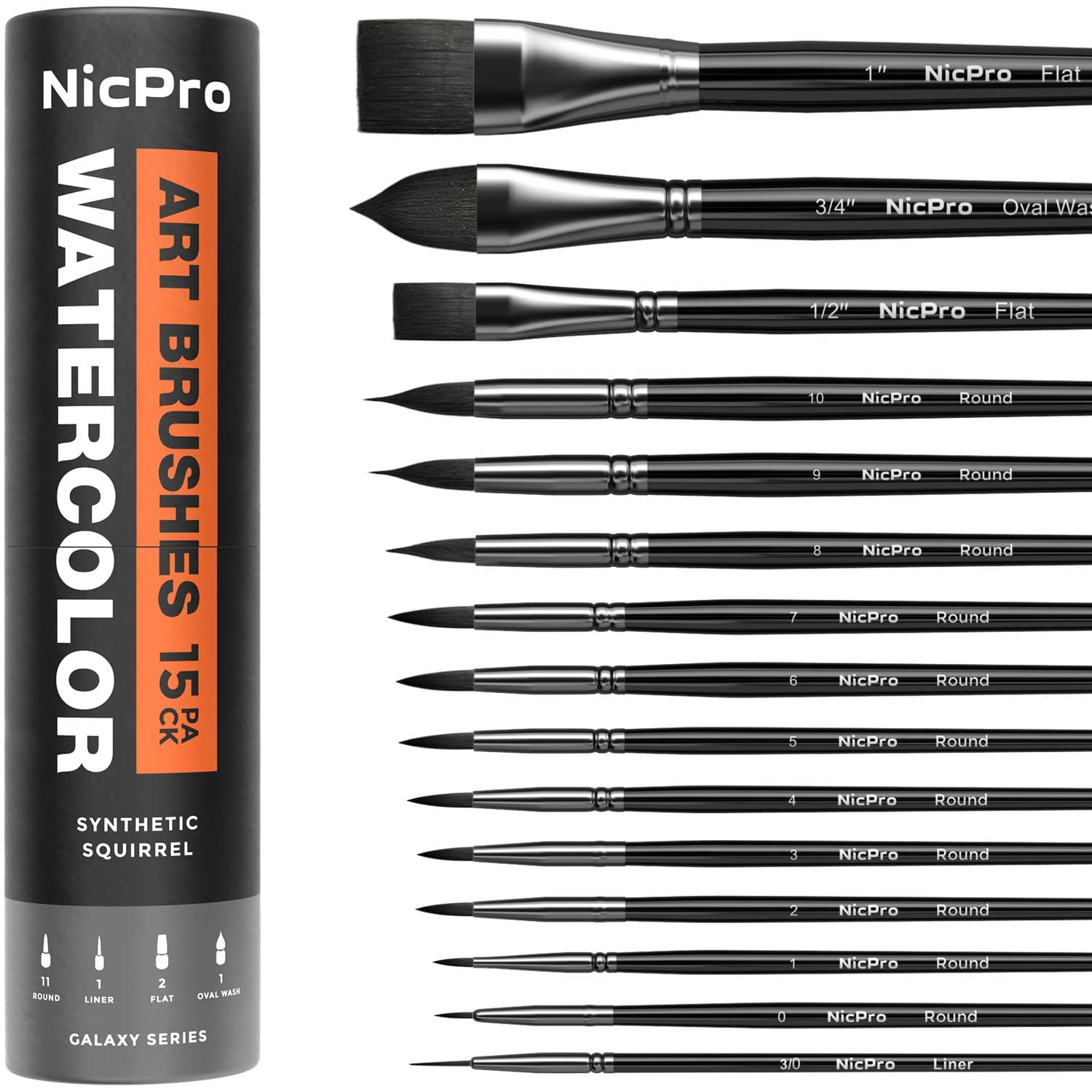 Nicpro 15PCS Professional Watercolour Brushes Set, Soft Synthetic Squirrel Paint Brushes, Artists Paint Brushes, Round, Cat Tongue, Liner, Flat, Wash for Artists, Adult, Watercolour, Inks, Gouache