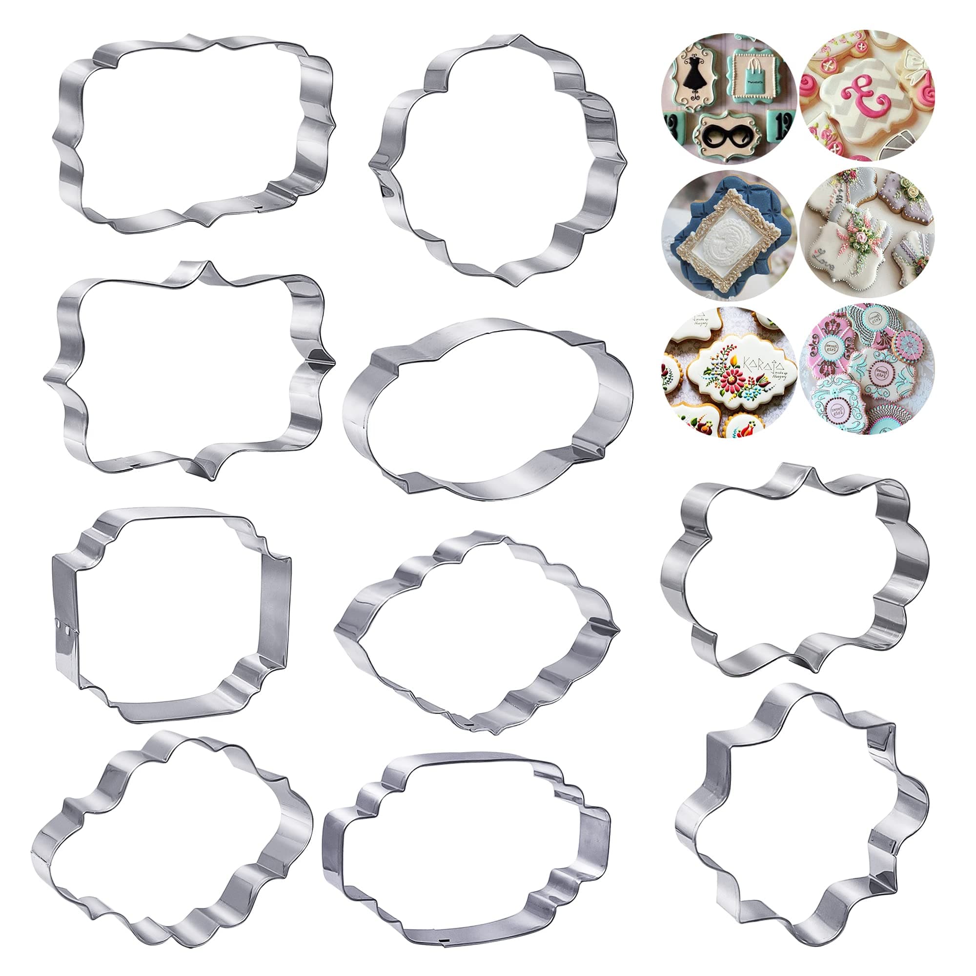 10 PCS Plaque Frame Cookie Cutters Set Different Frames Fondant Cutter Molds for Making Mousse Cake Cookies Biscuit, Fruit, Bread Wedding and Birthday Party Decorations (Silver)