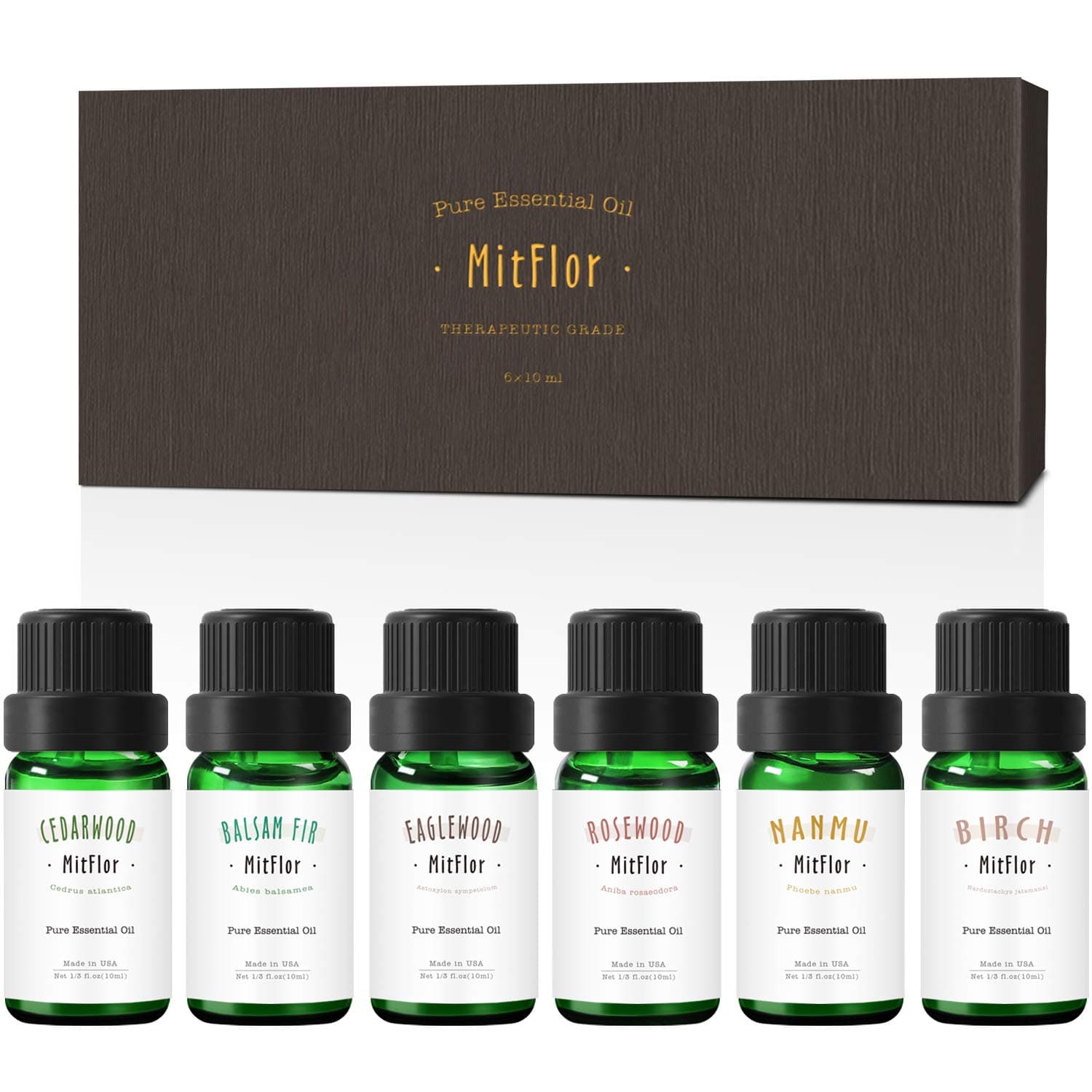 Woody Essential Oils, MitFlor 100% Pure Essential Oils for Diffuser, Aromatherapy Oils Gift Set, Cedarwood, Birch, Balsam fir, Rosewood, Eaglewood, Nanmu Essential Oils, 6x10ml