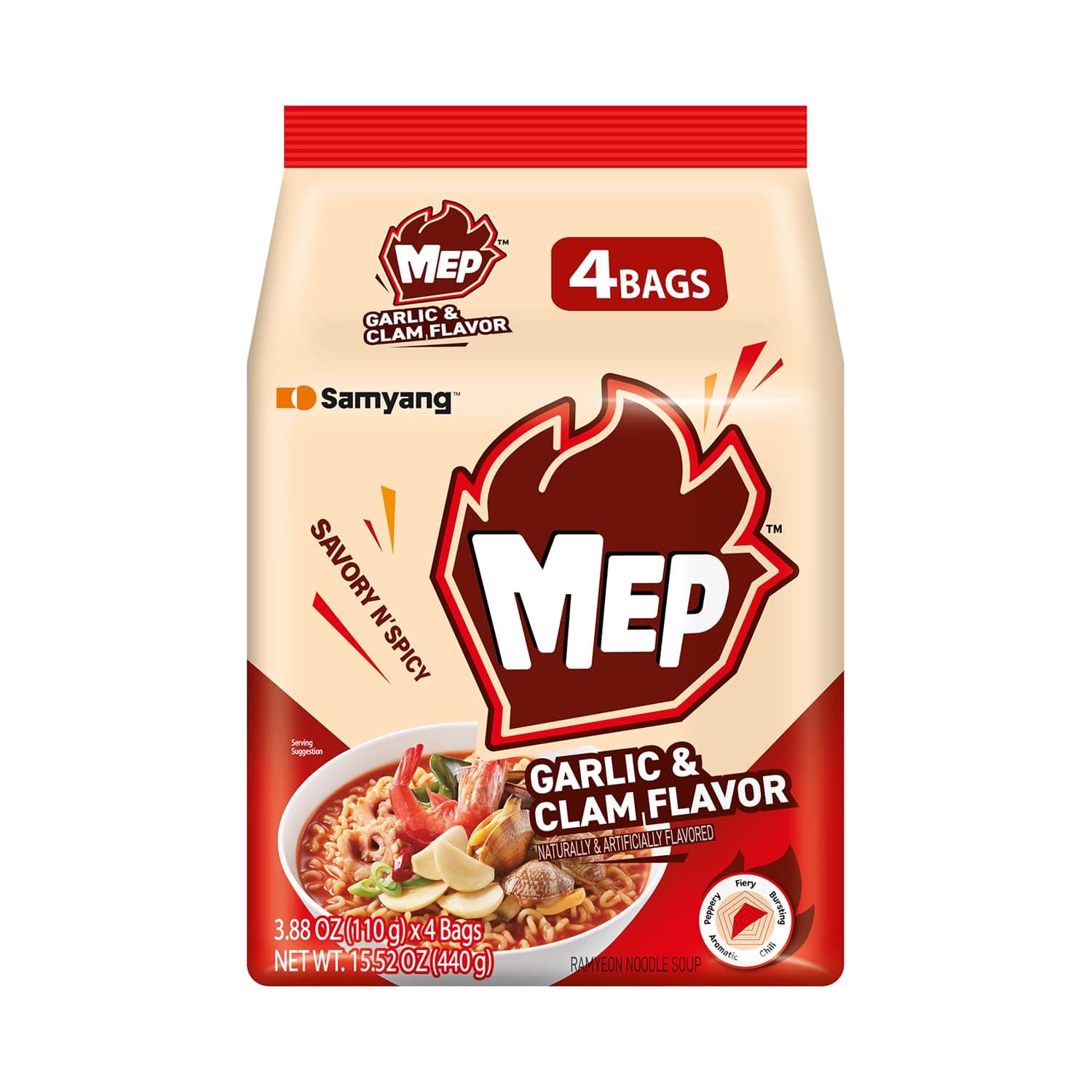 MEP Garlic Clam Ramen, Spicy Korean Instant Bag Noodle Soup, Refreshing Seafood Broth Ramyeon, Easy Cook Noodles, 3.88 oz (Pack of 4 Bags)