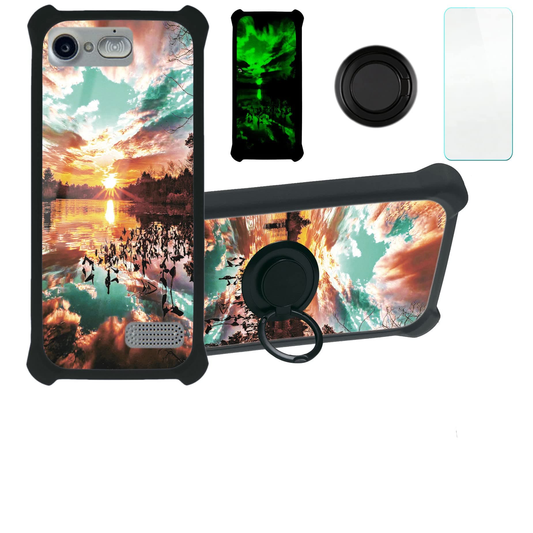 Case for amplicomms PowerTel M9500 Case Compatible with amplicomms PowerTel M9500 Phone Case Cover [with Tempered Glass Screen Protector][PC + TPU 2 in 1][Ring Support] [Luminous Effect] YGH-FJ