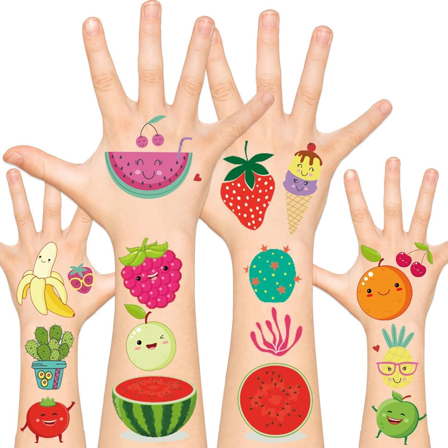 Leesgel 110 pcs Temporary Tattoos for Kids, Fruity Mexican Fiesta Cactus Watermelon Party Supplies Favors Decorations Accessories, Waterproof Fake Kids Tattoos Stickers for Girls Boys Kids Color-A