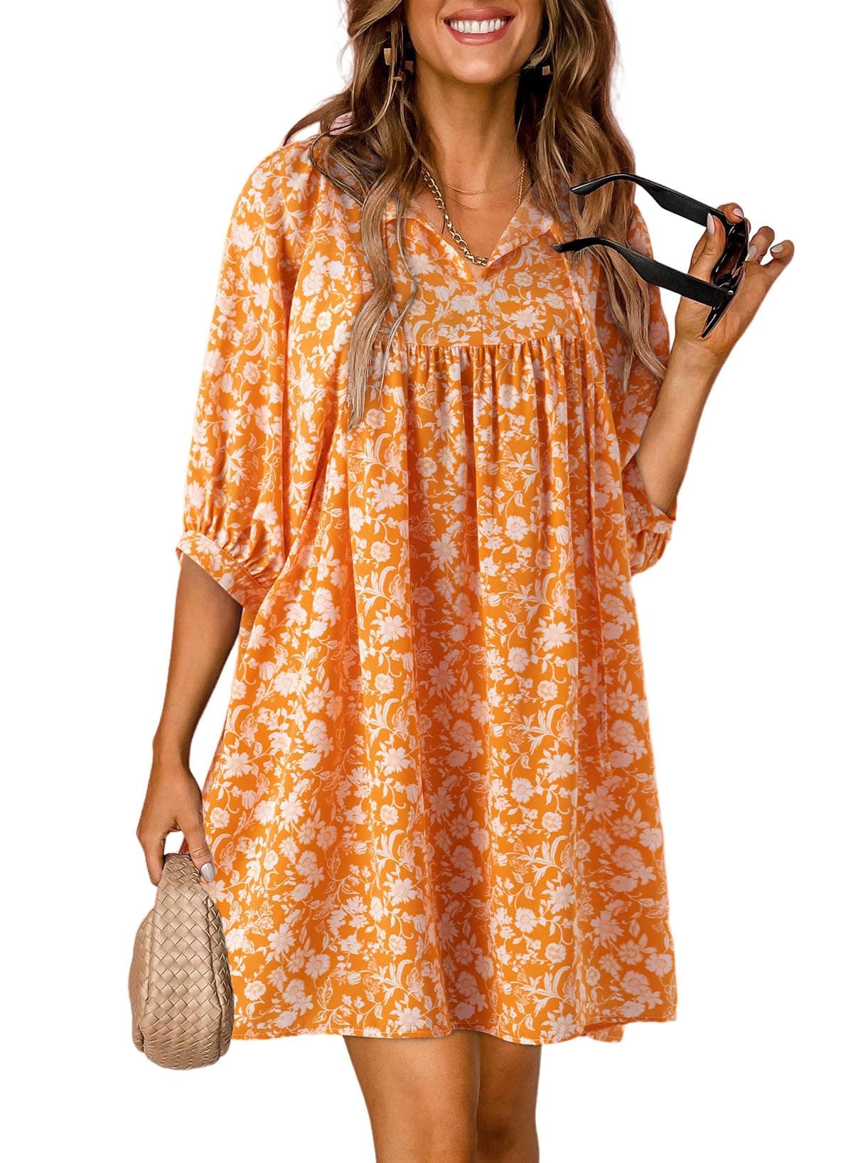 Dokotoo Summer Dresses for Women 2024 Elegant V Neck Drawstring Half Sleeve Boho Floral Printed Sundress Cute Casual Loose Swing A-Line Tunic Short Dress Sun Vacation Dresses Orange Medium