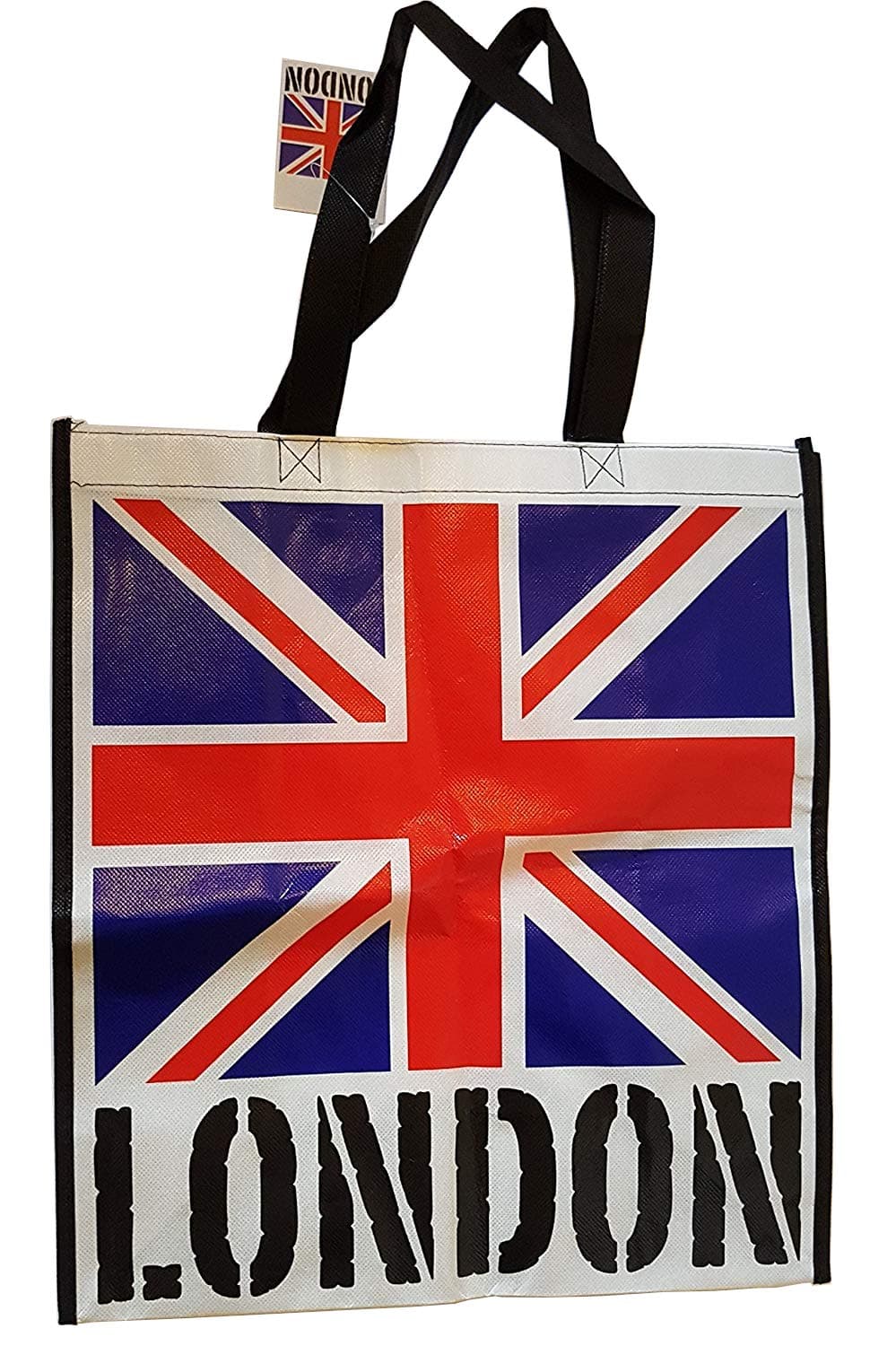 Union Jack Bag with London Word on White Background – Tote Reusable Bag / British UK Souvenir / Great for Beach / Shopping / Picnic / Red White Blue Flag / Black Sides / Nylon with Sturdy Stitches