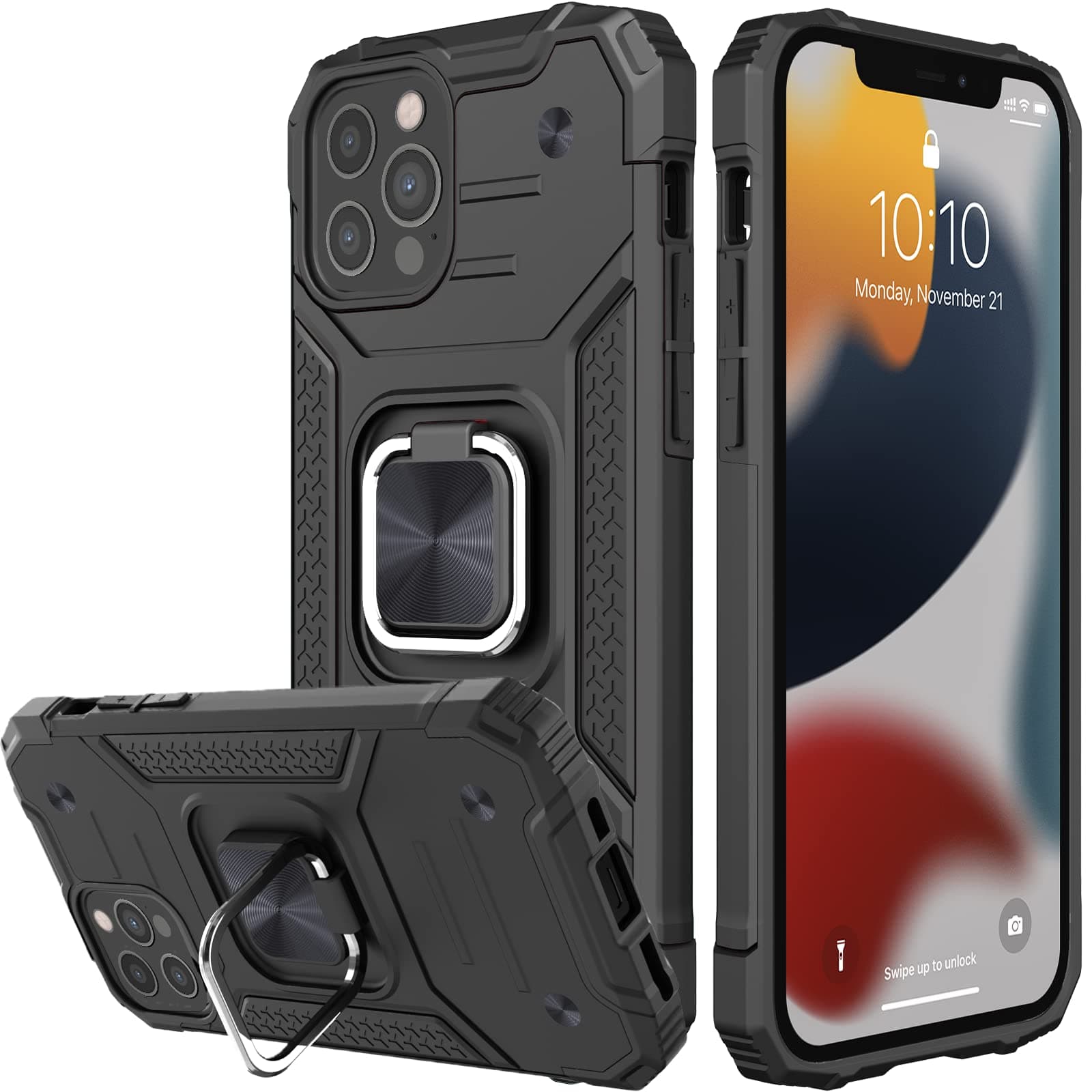 ShockProof Case for iPhone 12/12 Pro with Ring Kickstand, Bumper Armour Phone Cover for Apple iPhone 12/12 Pro - Black