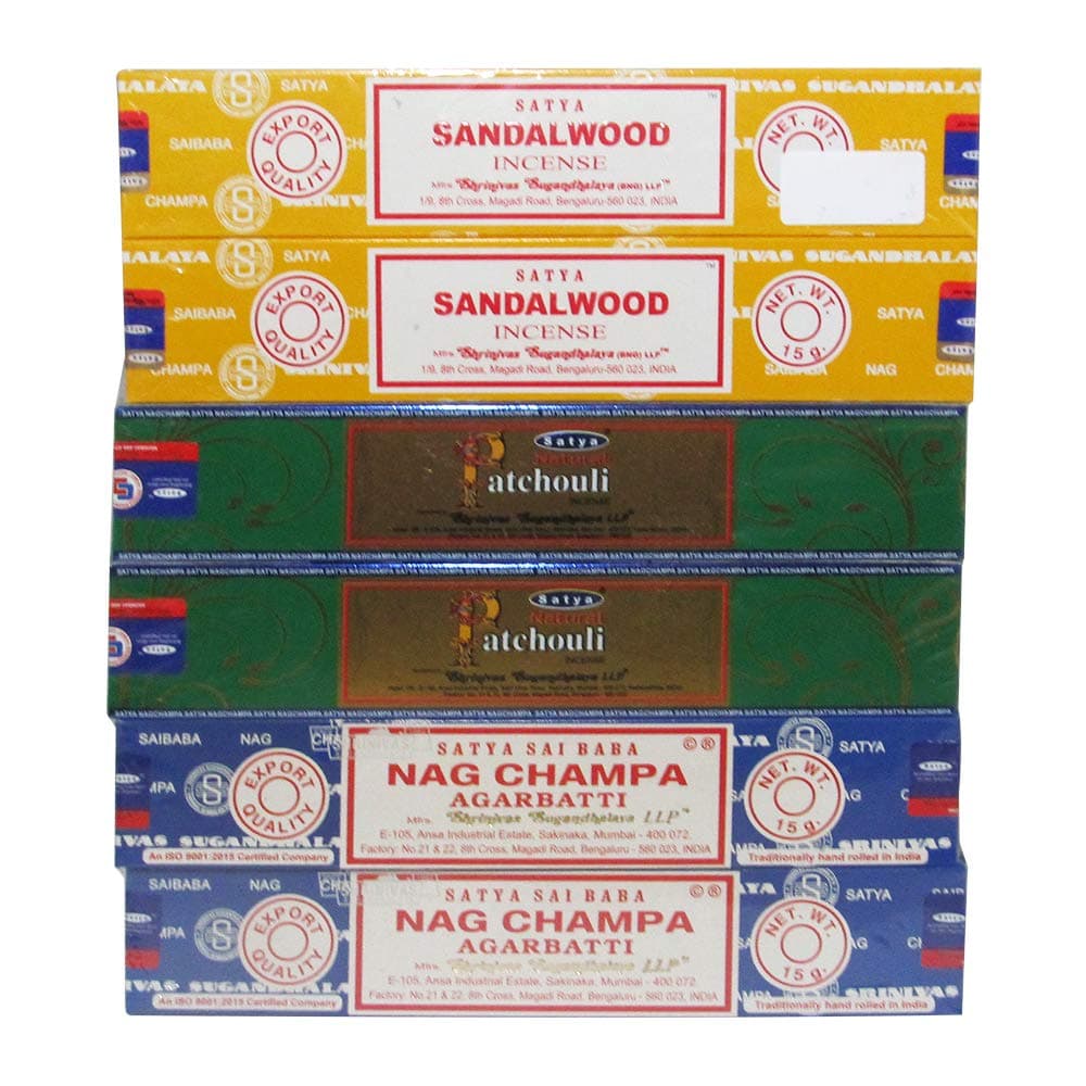 Satya Sandalwood, Natural Patchouli & Nag Champa Incense Sticks Variety Pack of 6 Boxes, 15 GMS Each, Best Aeromatic Natural Fragrance Perfect for Prayers, Meditation, Relaxation, Peace, Positivity