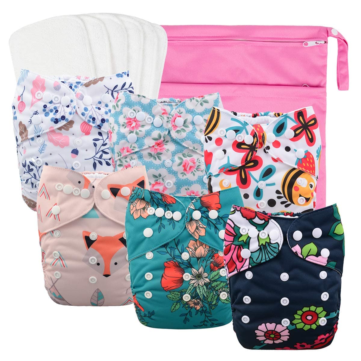 Babygoal Reusable Cloth Diapers for Girls, Adjustable Washable Nappy 6pcs+ 6pcs Microfiber Inserts+One Wet Bag 6YDG08