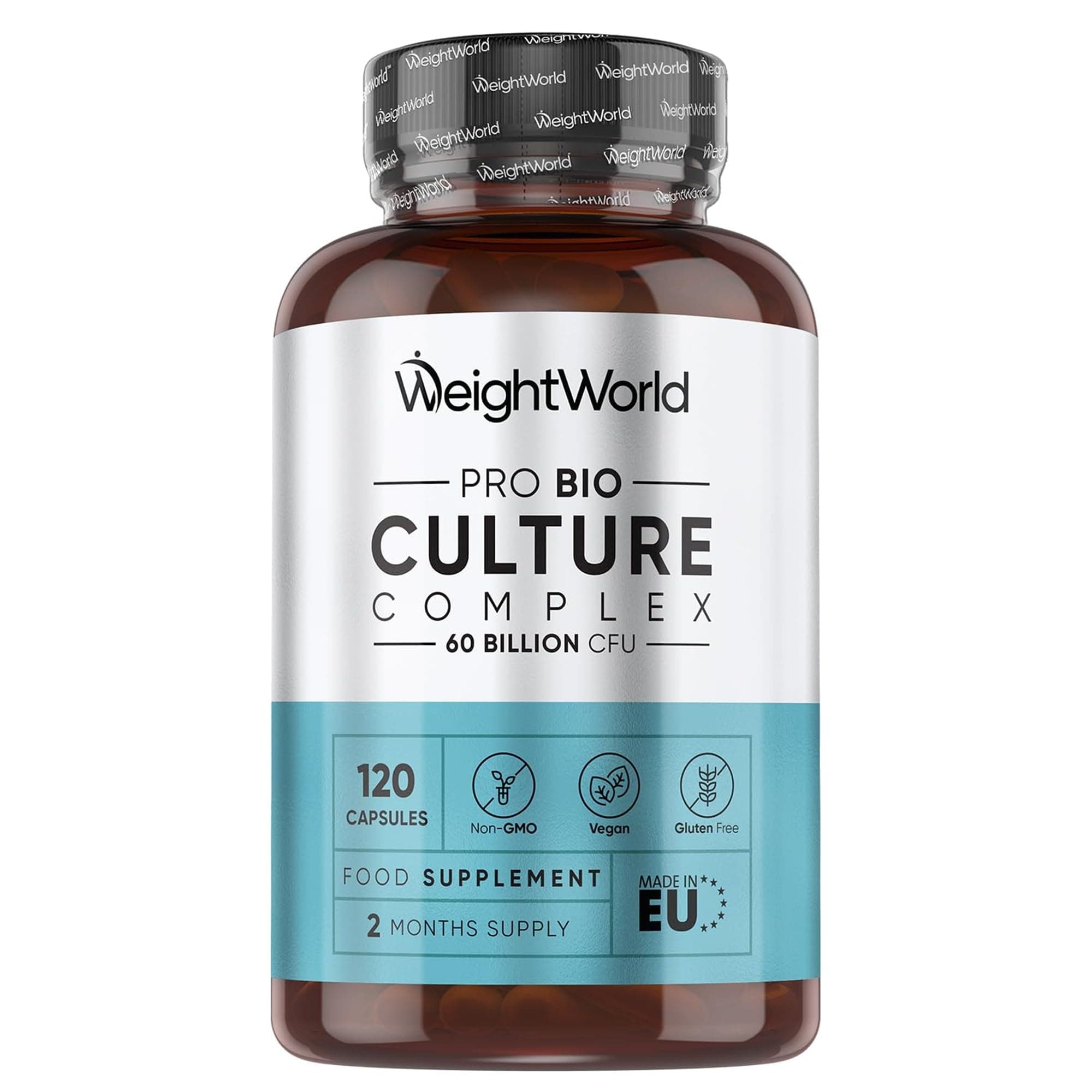 WeightWorld Bio Cultures Complex Probiotics & Prebiotics - 60 Billion CFU - 2 Months Supply - 120 Vegan Probiotic Complex Capsules