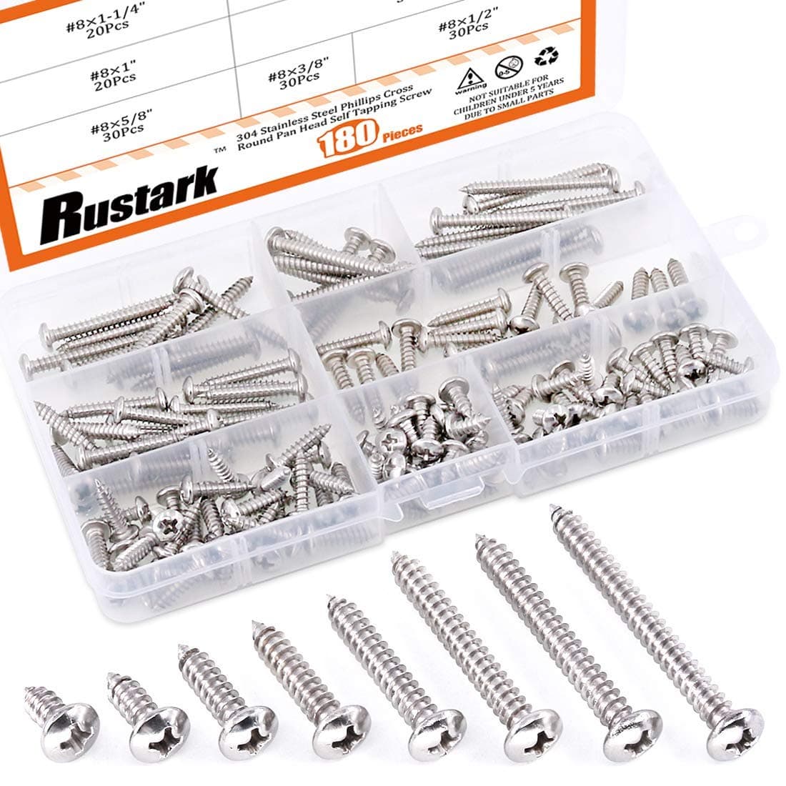 Rustark 180-Pcs [#8 3/8" to 1-1/2"] 304 Stainless Steel Round Pan Head Phillips Cross Wood Screws Self Tapping Drilling Screws Assortment Kit