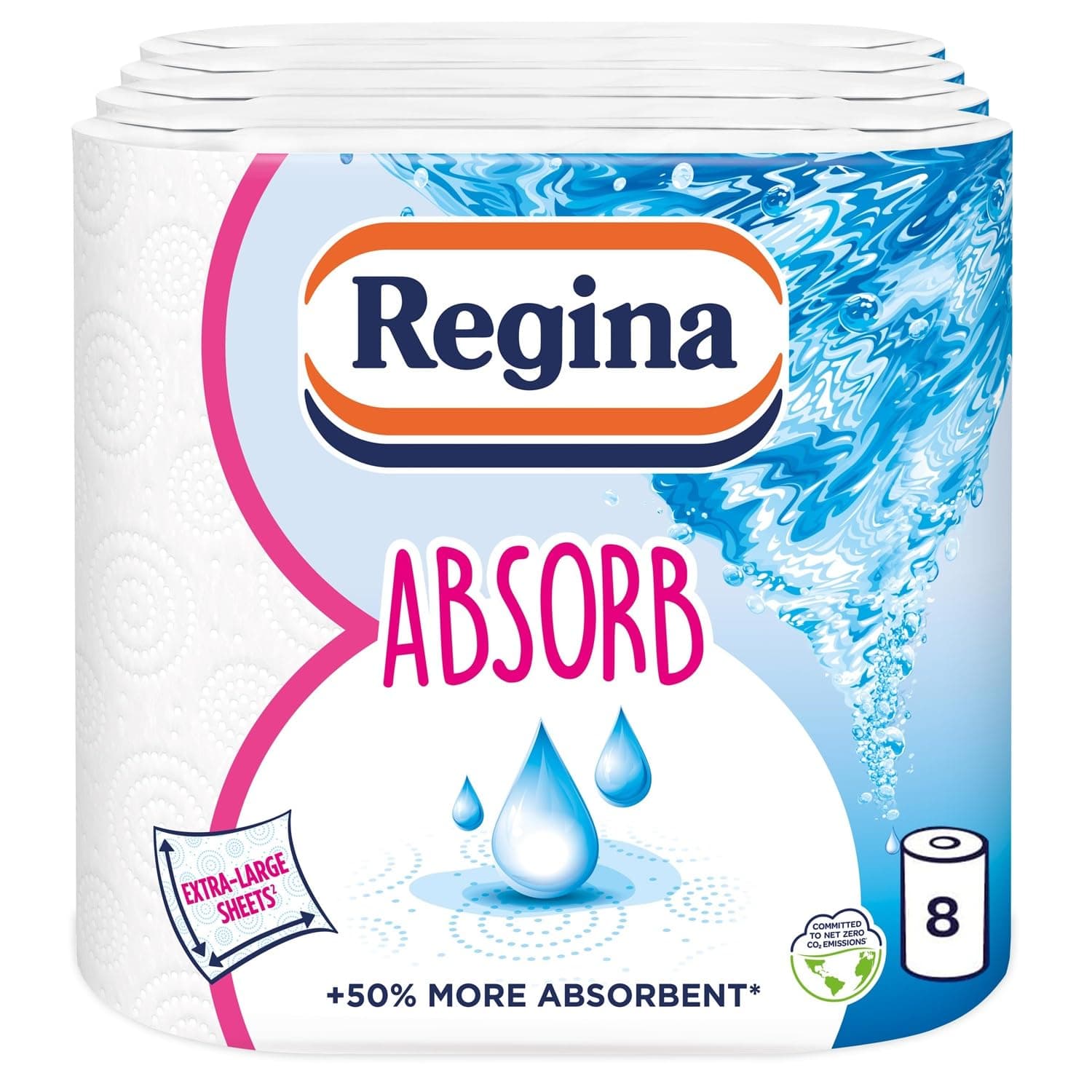 Regina Absorb Kitchen Towels – 8 Rolls Per Pack, Super Absorbent 2-ply Kitchen Towels, 75 Sheets Per Roll, Extra-large Sheets, 50percent More Than Previous XXL Products, Easy Open Pack
