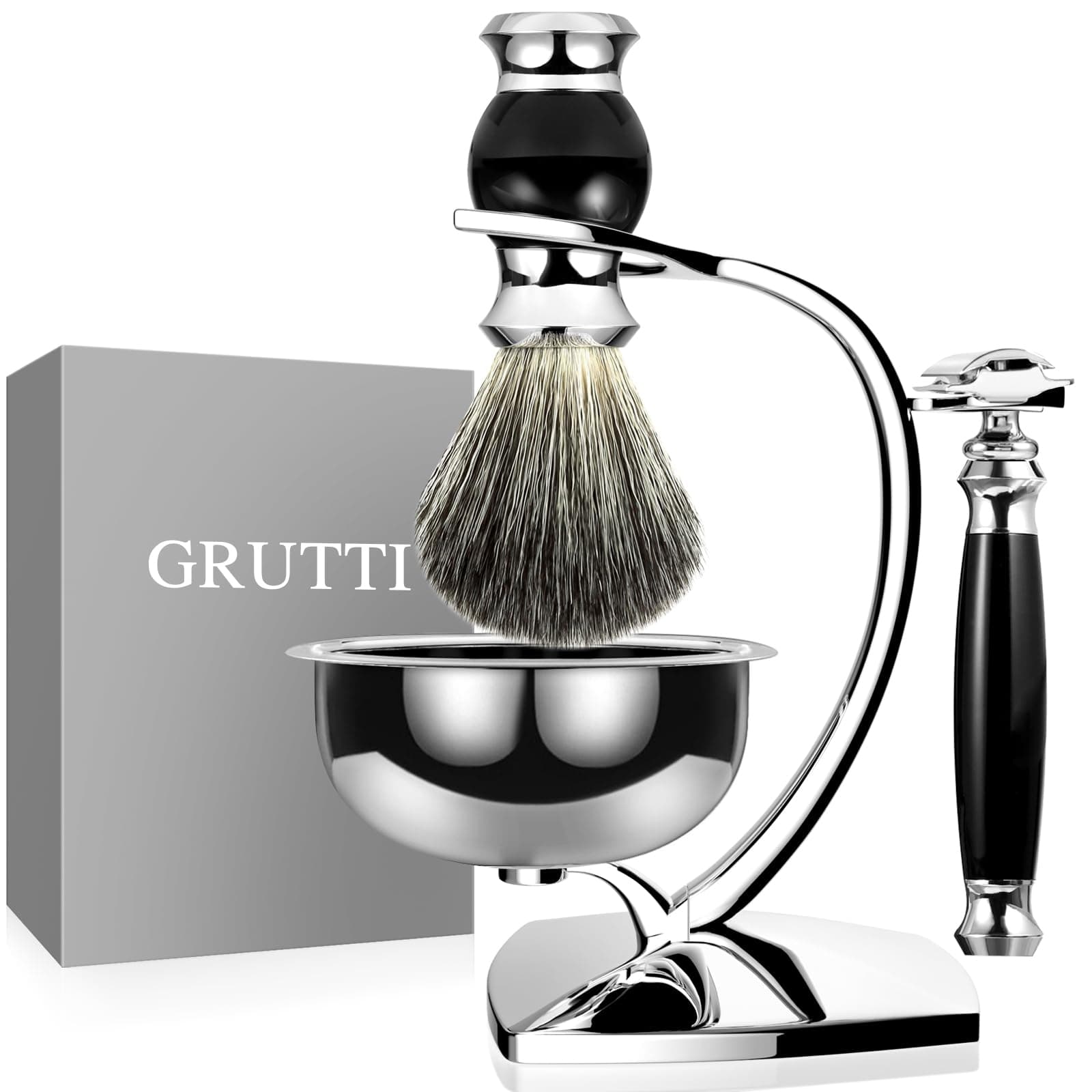 GRUTTI Shaving Set, Deluxe Chrome Razor and Brush Stand with Soap Bowl and Badger Hair Shaving Brush and Safety Razor (Double Edge)