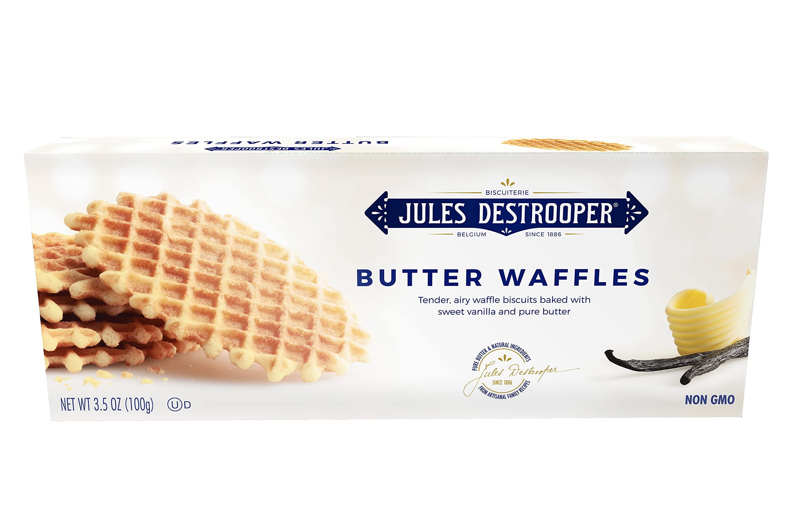 Jules Destrooper Butter Waffles - Caramelized Waffle Cookies, Certified Kosher Dairy, Non-GMO, Authentic Biscuits Made in Belgium - 3.5 Oz
