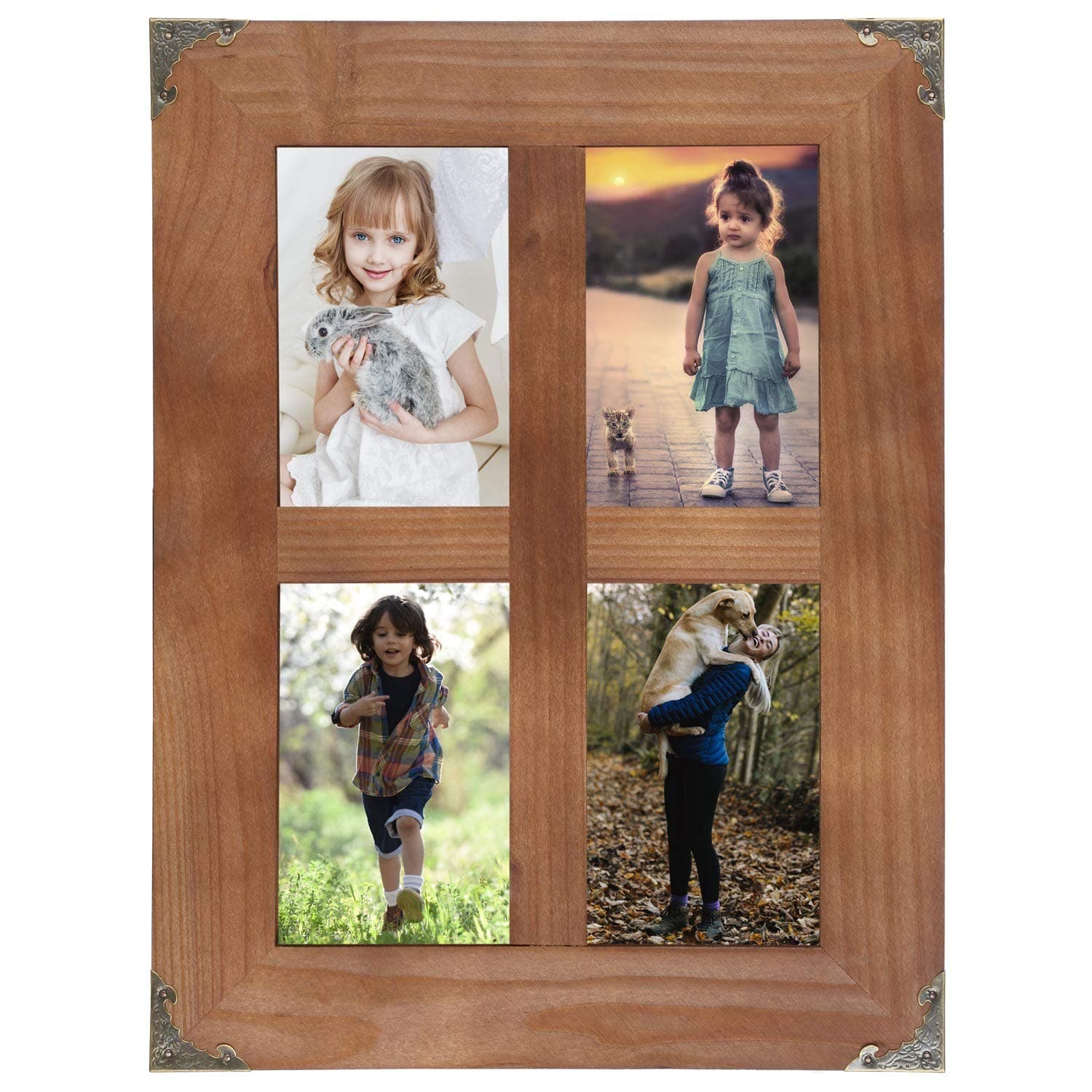 LOSOUR 4x6 picture frames collage, Window Pane 4 Opening 4x6 picture frame with Decorative Metal Corners for Table Top Display and Wall mounting Photo Frame (Brown, 16.2x12.2 inch)