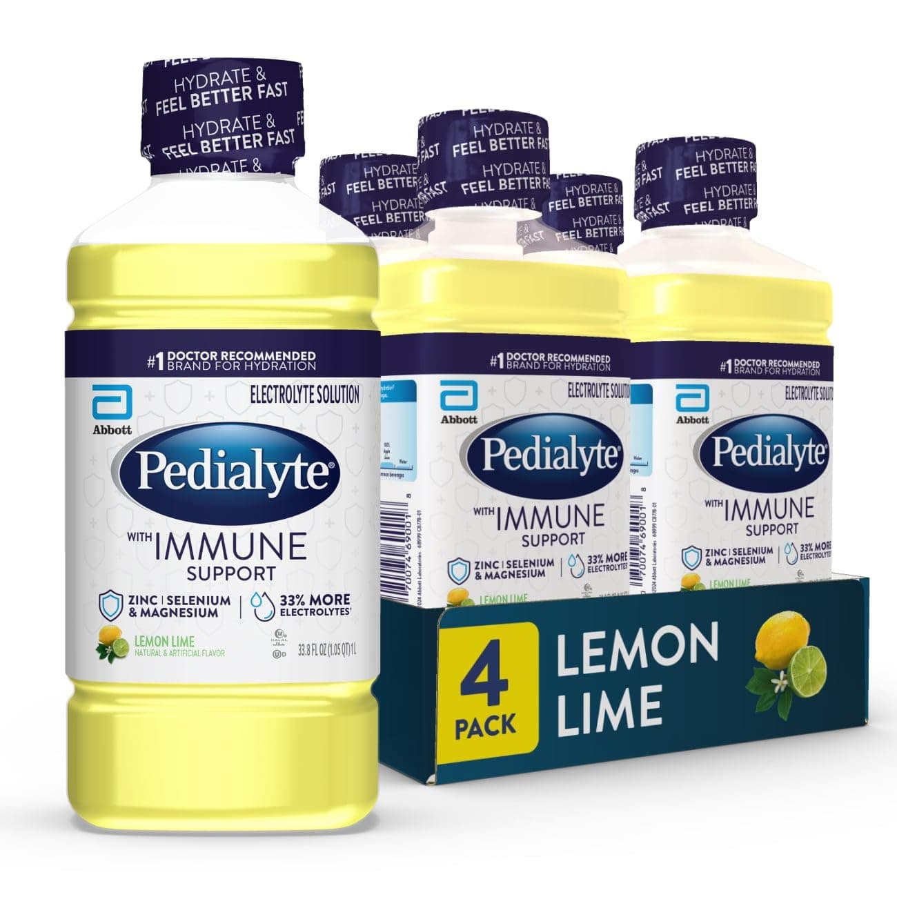 with Immune Support Electrolyte Solution, Hydration Drink with Zinc, Selenium, and Magnesium, Lemon Lime, 1 Liter, Pack of 4