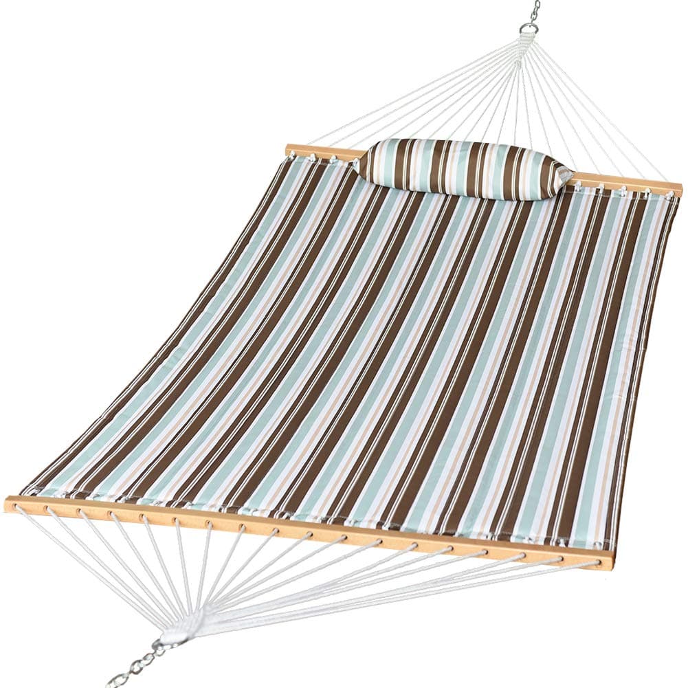 Quilted Fabric Double Hammock with Pillow, Heavy Duty Hardwood Spreader Bar, Hammocks for Outside, 450-pound Capacity, Hamacas para Adultos for Patio/Garden/Yard/Pool/Beach, Blue/Brown