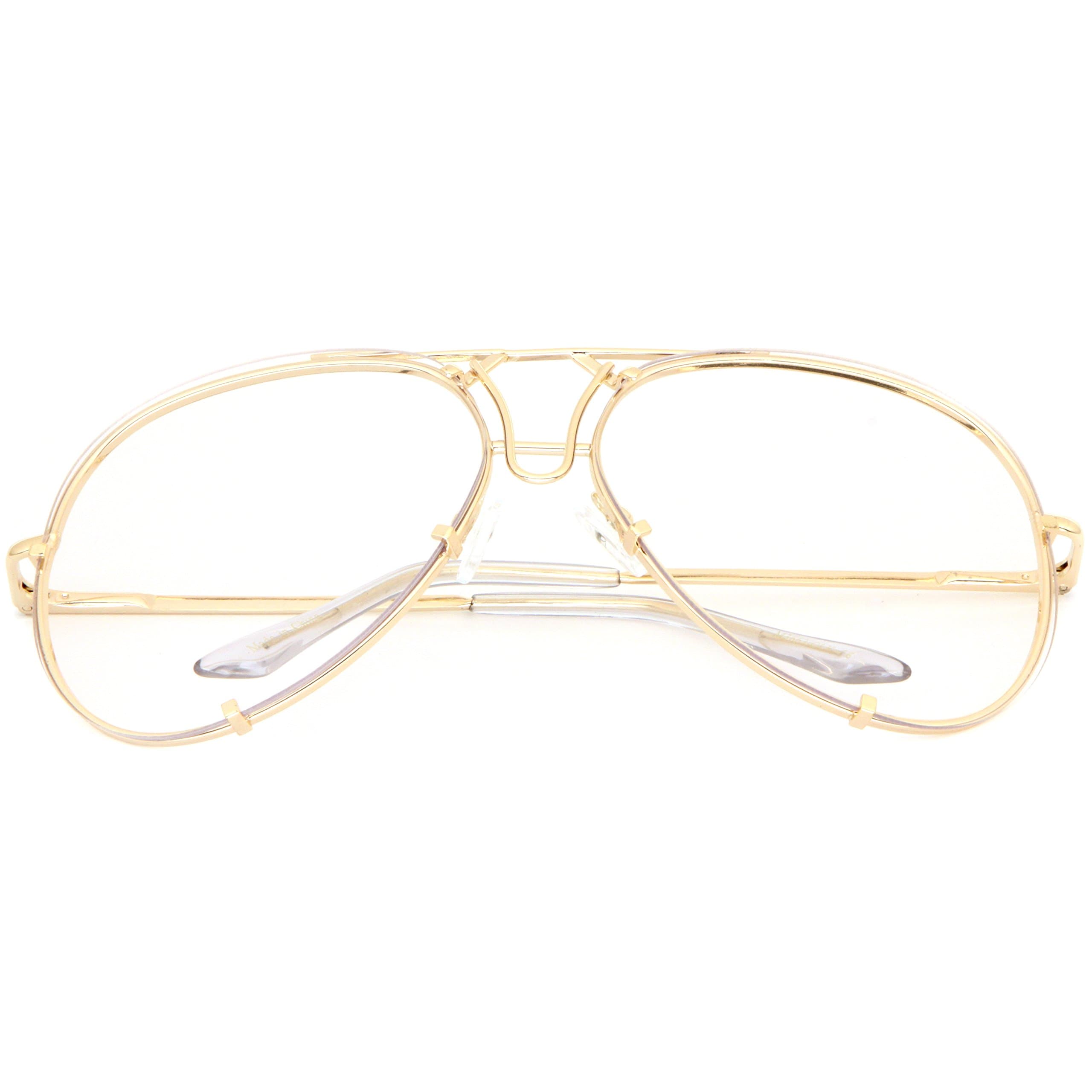SUNGLASSES LUXE - Oversized Fashion Metal Pilot Aviator Clear Lens Eyewear Gold