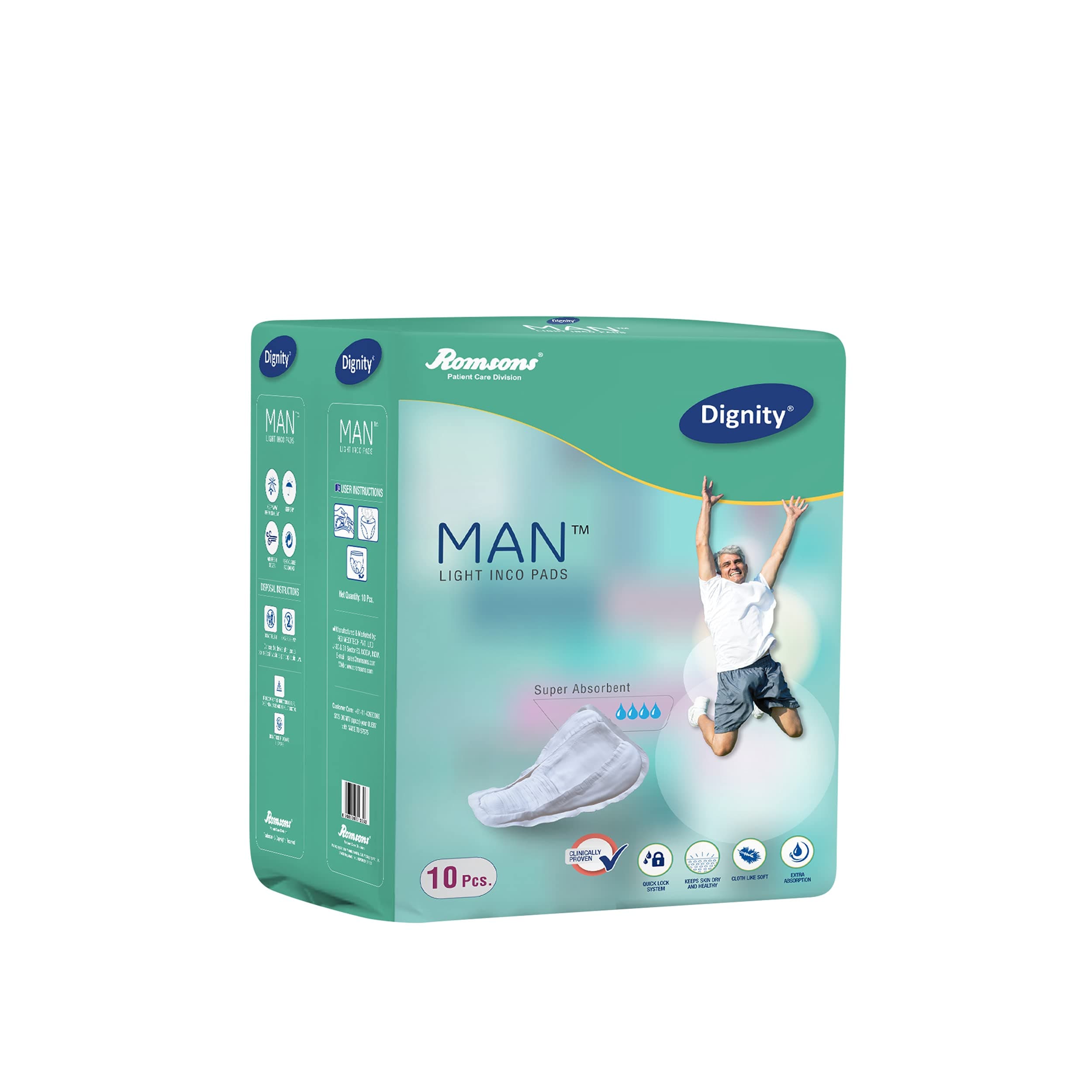Dignity Man Light Incontinence Pads, Super Absorbent (Pack of 1) 10 Pieces