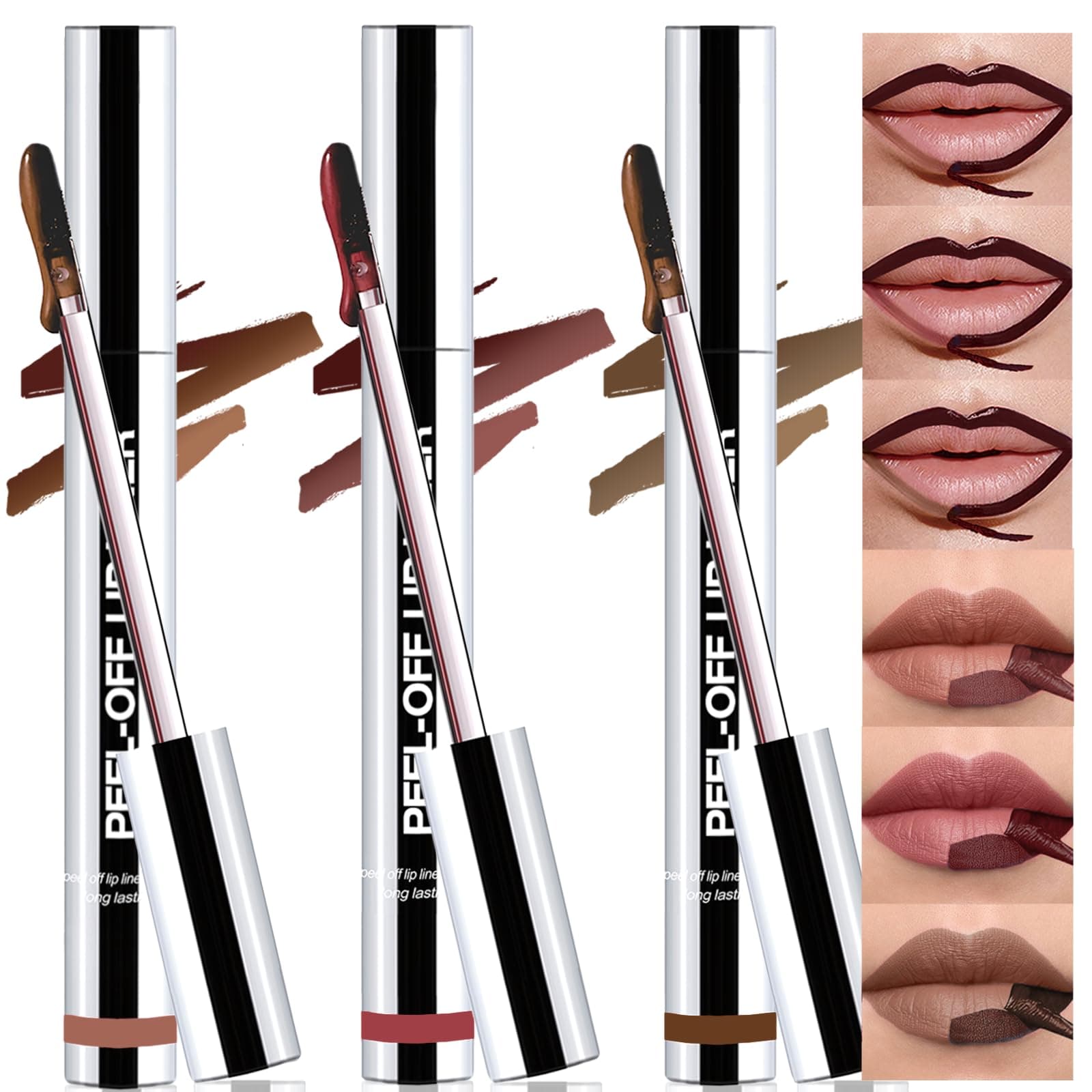 Peel Off Lip Liner Stain 3 Colors, Lip Stain Peel Off Long Lasting Brown Lip Liner Set Matte Lip Tint Stain Tattoo Transfer Proof Highly Pigmented Color Precise Lip Pencil Contour for Women