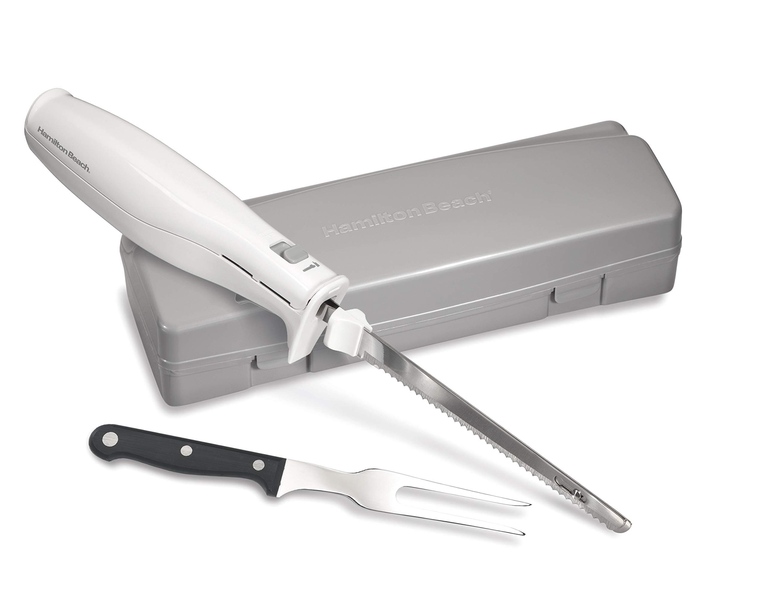Electric Knife Set for Carving Meats, Poultry, Bread, Crafting Foam & More, Reciprocating Serrated Stainless Steel Blades, Ergonomic Design Storage Case + Fork Included, 5Ft Cord, White