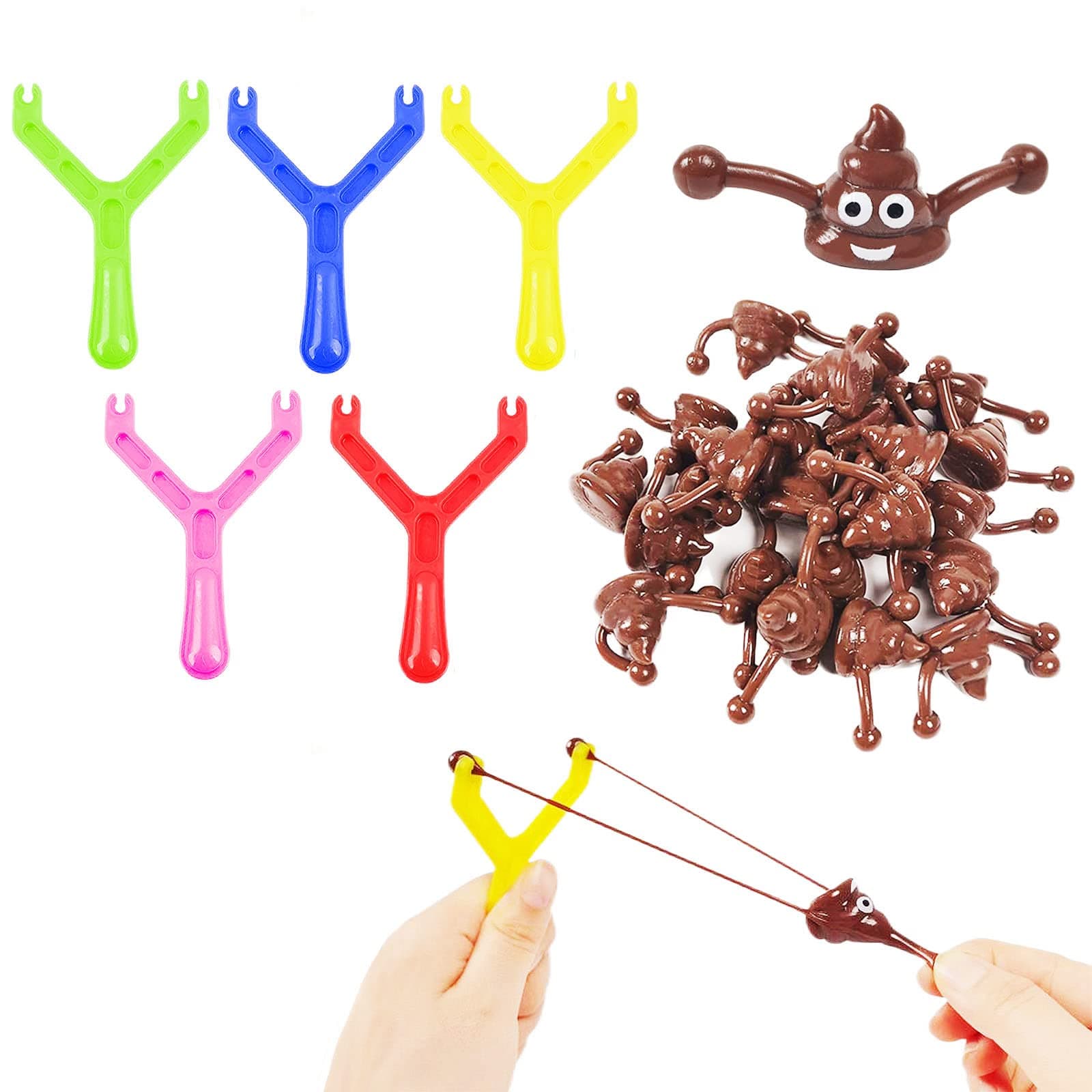 Funny Poo Slingshot Set- 5 Slingshot &15 Poo Bullets Mochi Squishy,Poop Finger Shooting Slingshot Prank,Party Bag Fillers for Adult Birthday Joke Prank Gift,Xmas Stocking Filler