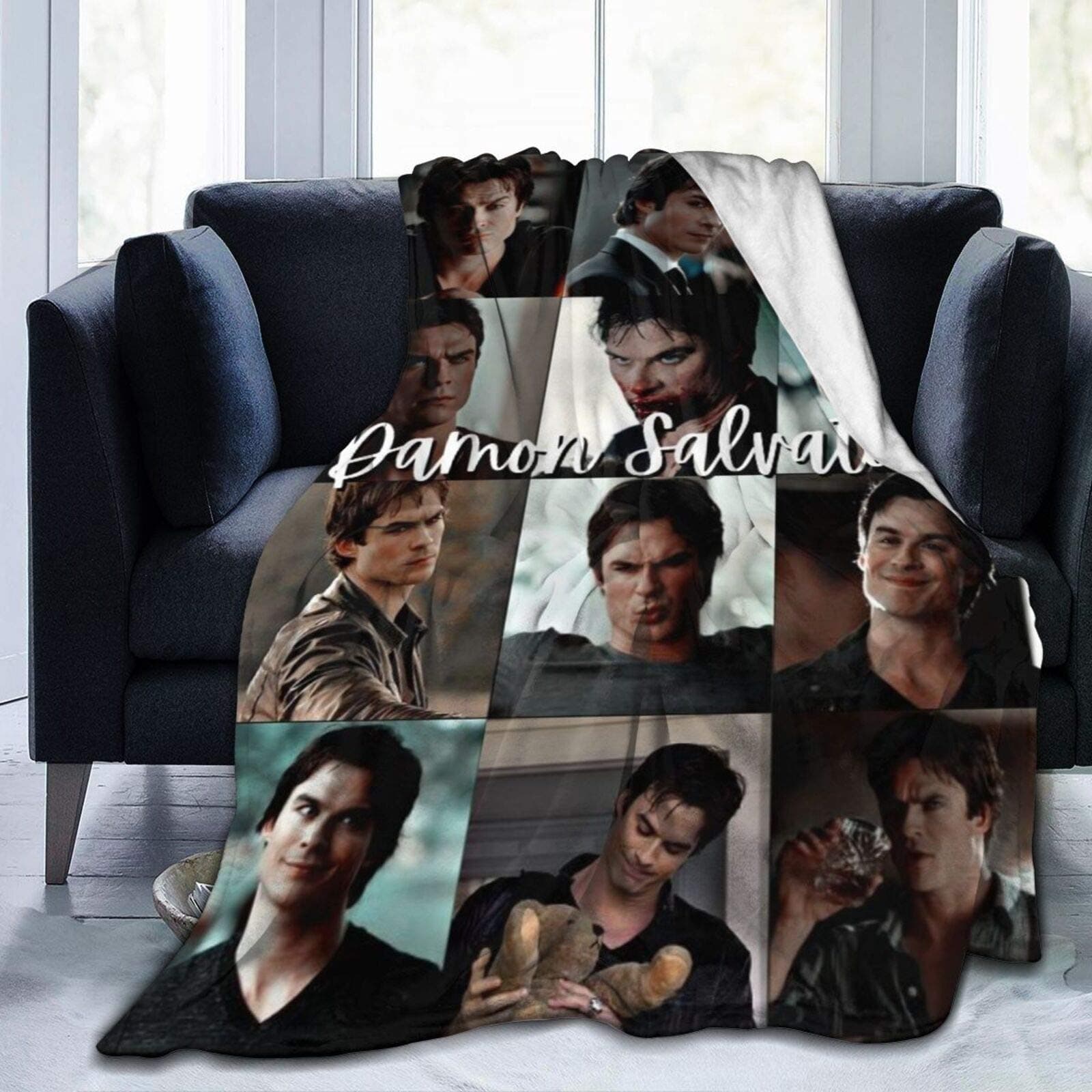 HGdggvd Vampire Diaries TV Show Blankets Team Damon Salvatore Collage Throw Blanket Vampire Diaries Merch Ian Somer-halder Fans Gifts Soft Fuzzy Fleece Blanket for Bed Sofa Home Decor 50"x40"