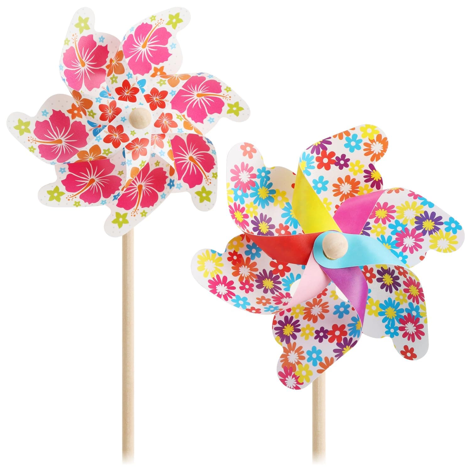 COM-FOUR® 2x windmill - colorful air wheels with wooden stick - wind chime with floral pattern - weather-resistant wind turbines - rotating garden decoration - wind spinner [selection varies]