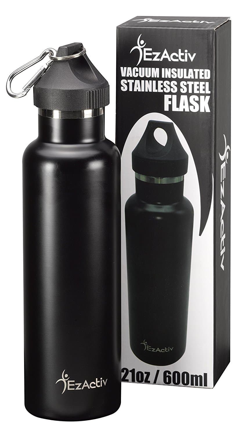 EzActiv Vacuum Insulated Water Bottle 21 oz – Black Double Walled Stainless Steel Tumbler Keeps Drinks Cold for 24 Hours, Hot for 12 Hours – Sports, Gym, Hiking and Travel Hydro- Bottles